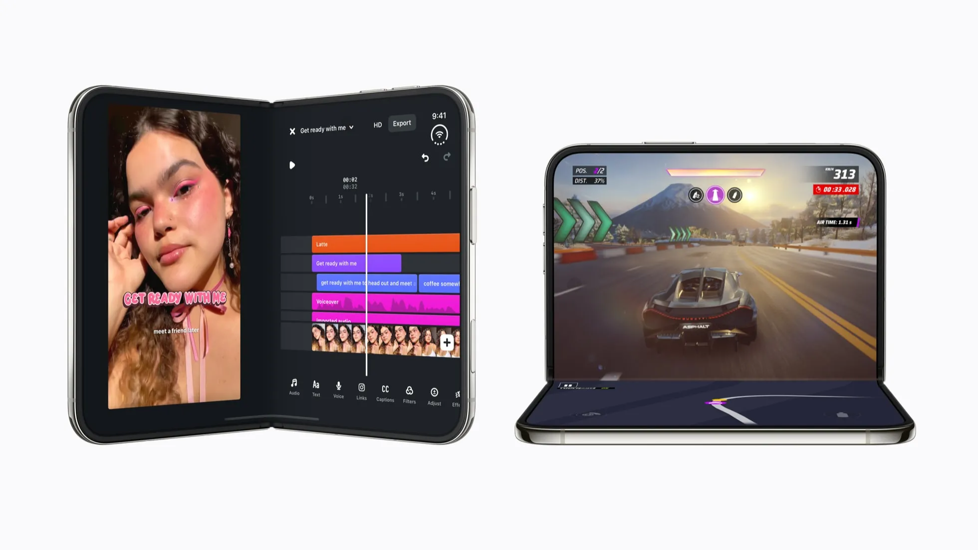 Two iPhone Duo devices showcasing optimized apps, with Instagram Edits displaying video editing tools and Asphalt Legends running in a partially folded layout