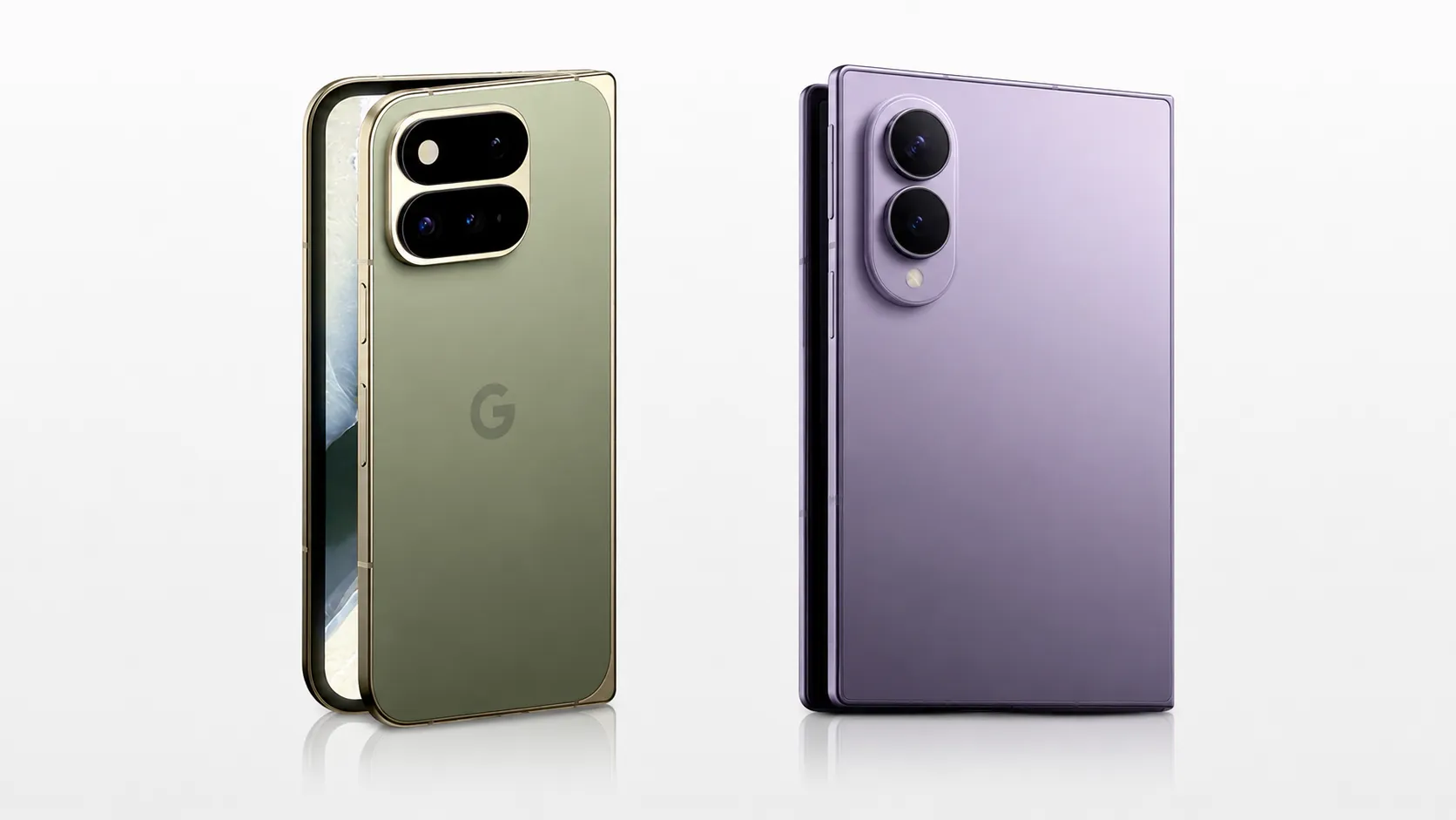 omposite image showing the Google Pixel 11 Pro Fold on the left and the Samsung Galaxy Z Fold 8 on the right against a clean light background.