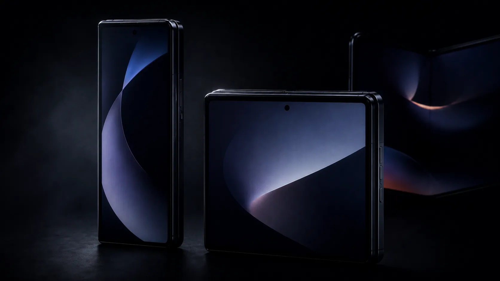 Two foldable smartphones with contrasting tall and wide designs stand in a dark, shadowy studio, with a partially opened foldable device in the background