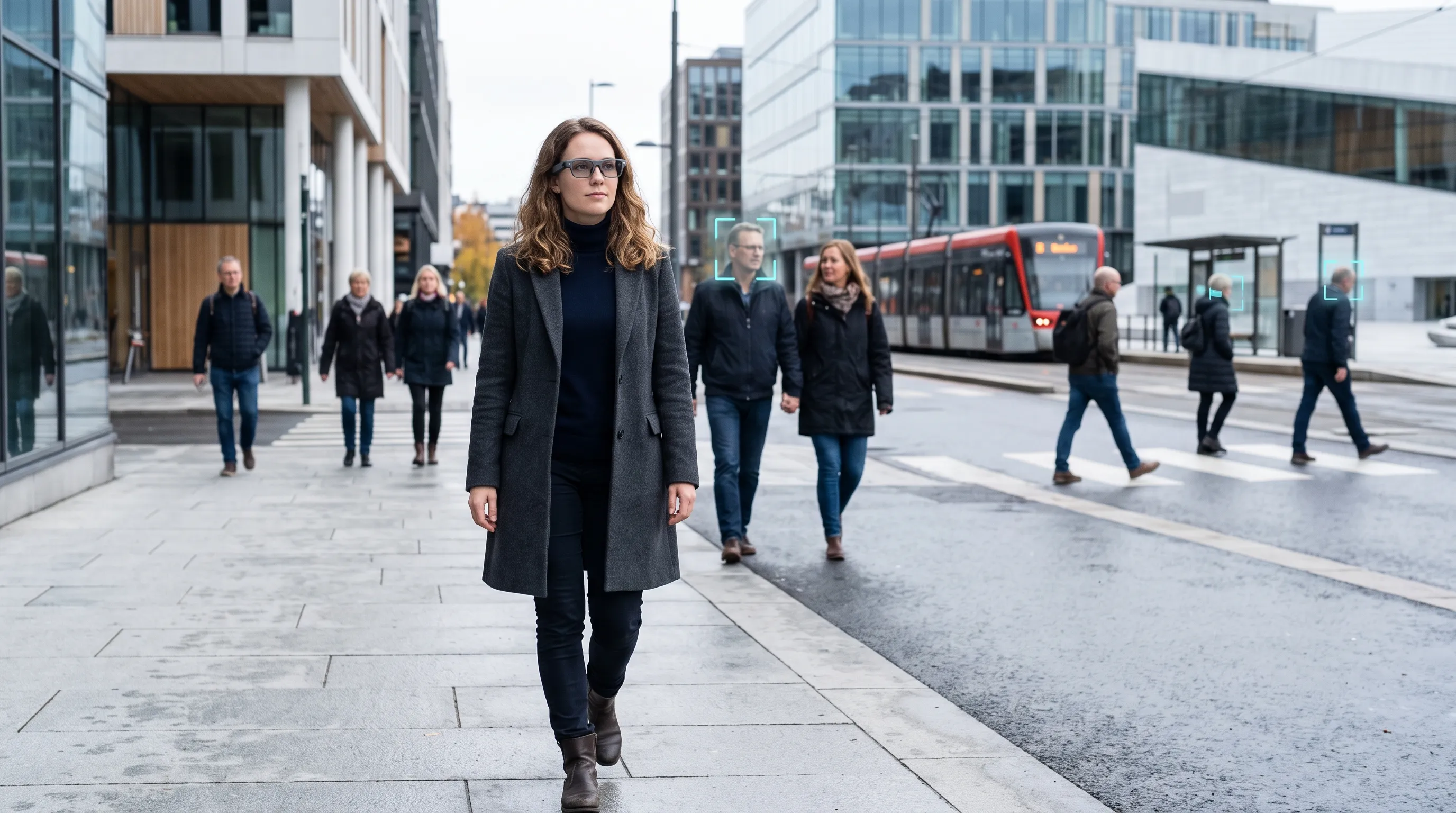 Woman wearing camera-enabled smart glasses on a Norway city street with facial-recognition indicators around nearby pedestrians