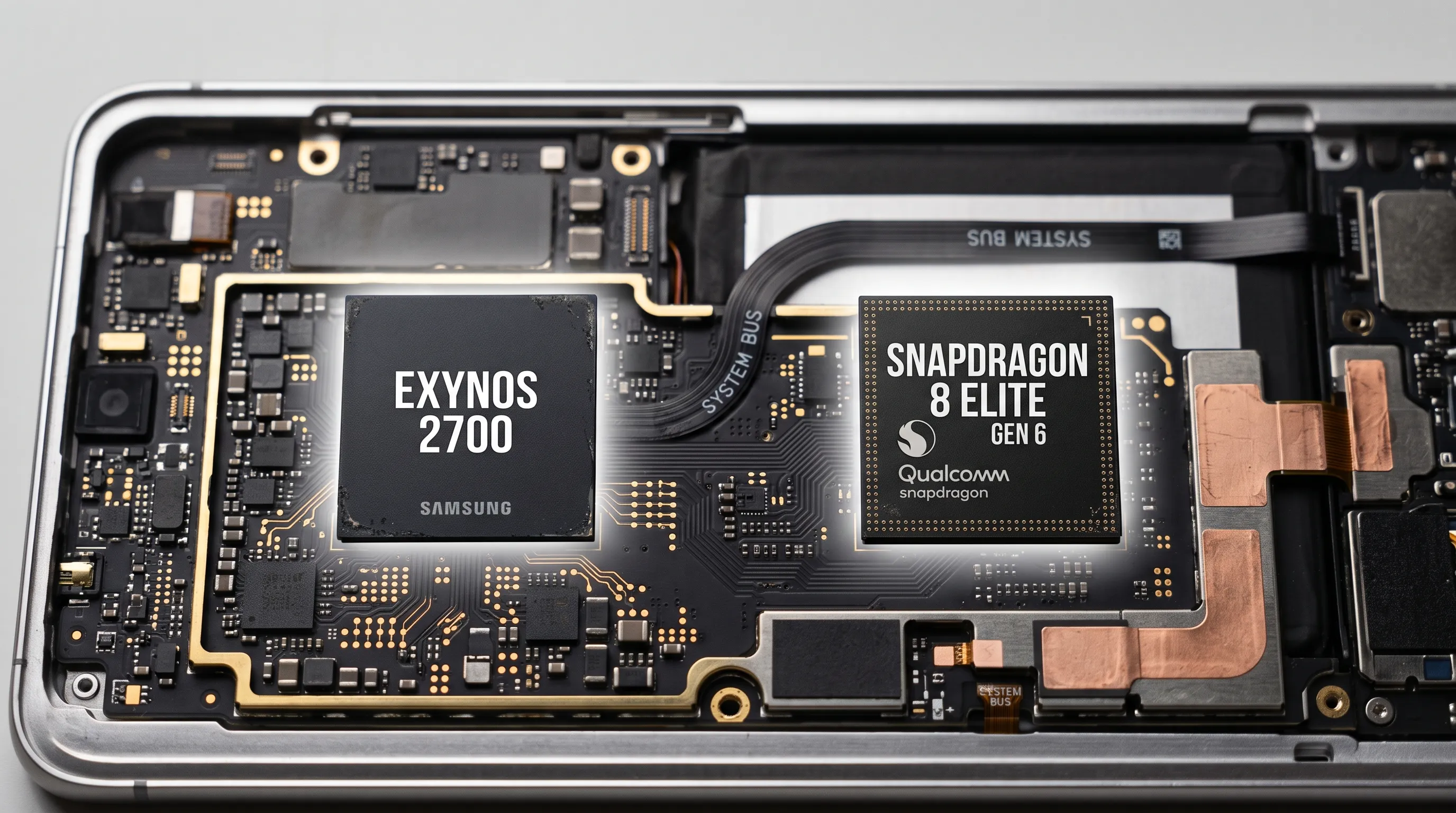 AI-generated smartphone motherboard showing Exynos 2700 and Snapdragon 8 Elite Gen 6 chips side by side