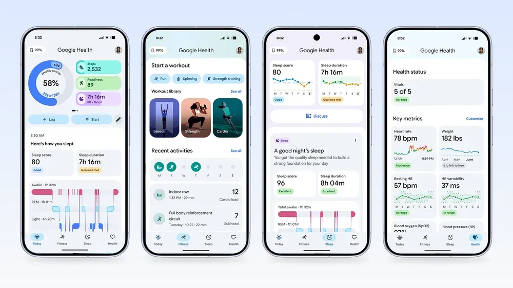 Four Google Health app screens showing health metrics, sleep, fitness, and wellness data