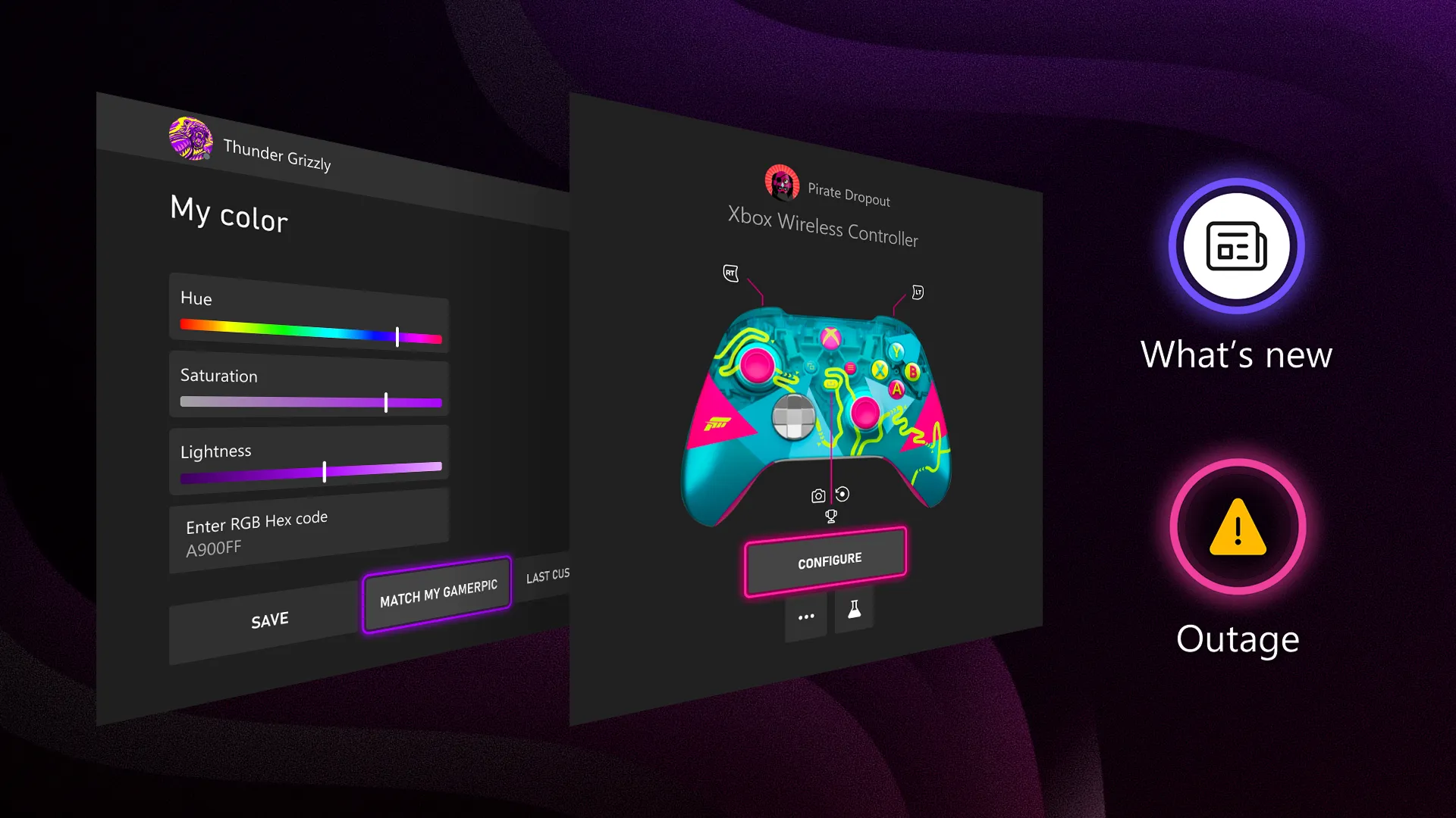 Xbox console interface showing customization screens and an outage status indicator
