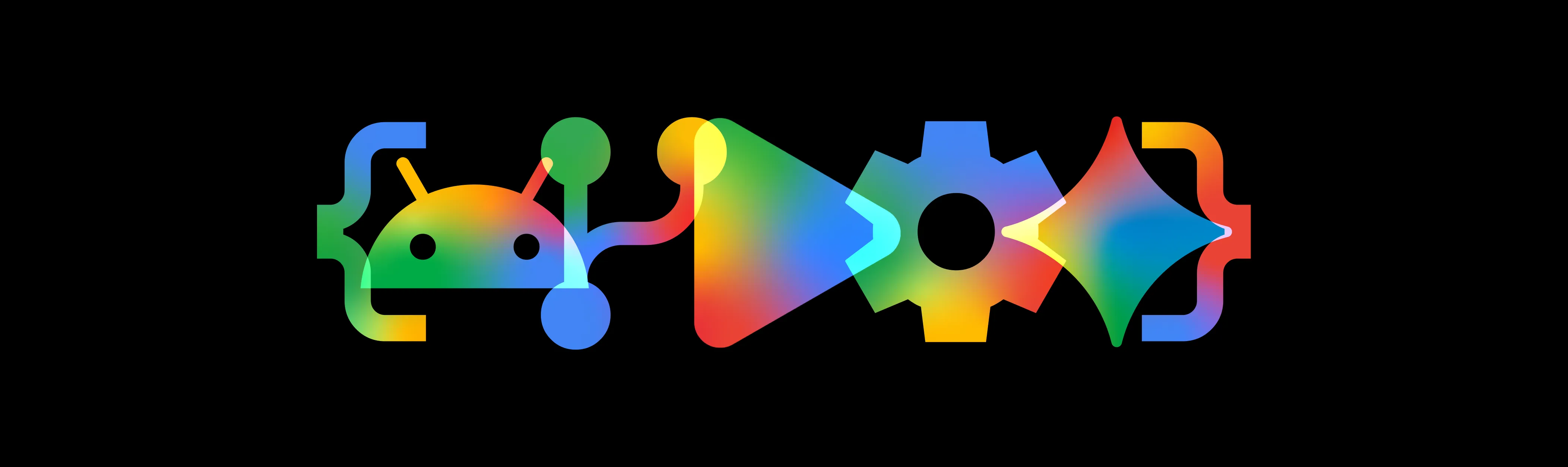 Colorful Google Play and Android-themed icons appear on a black background