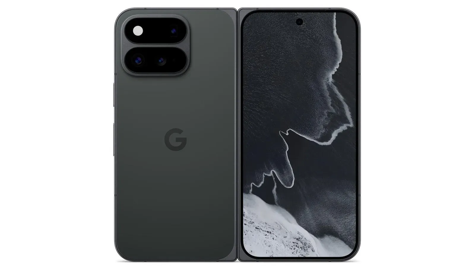 Google Pixel 11 Pro Fold in Obsidian shown from the back and front with the outer display visible