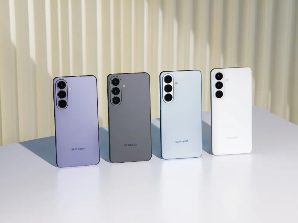 Samsung Galaxy S26 series phones shown from the back in four colors