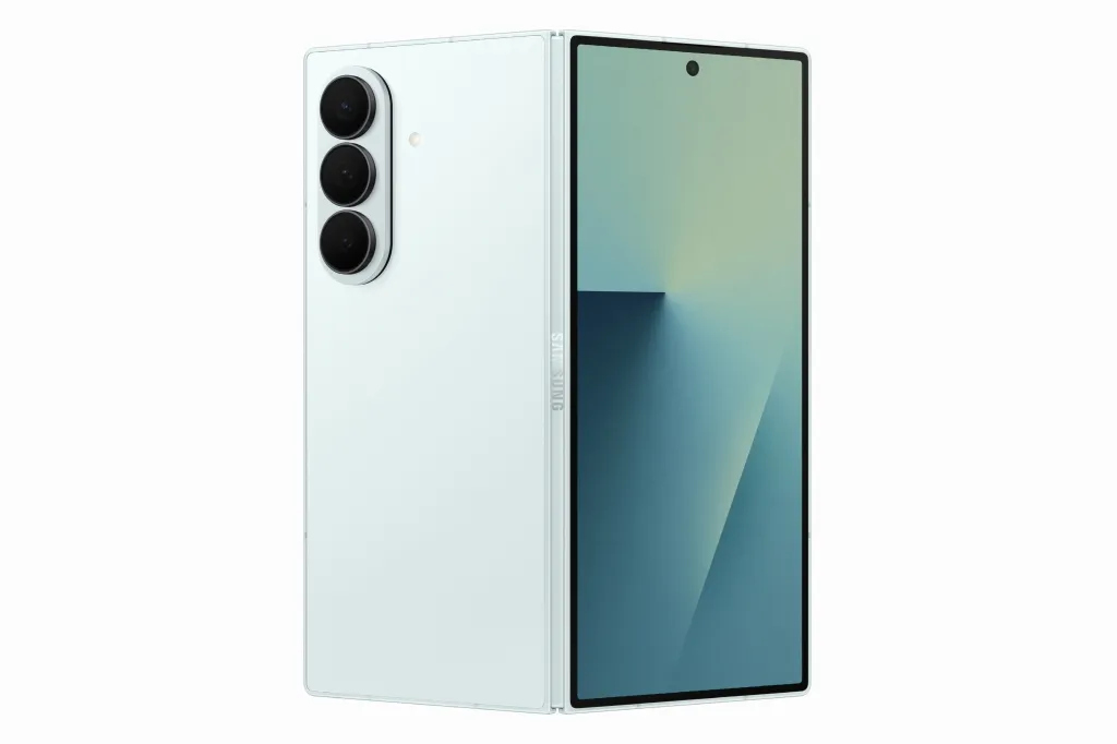 Samsung Galaxy Z Fold7 shown partially unfolded in a light blue finish
