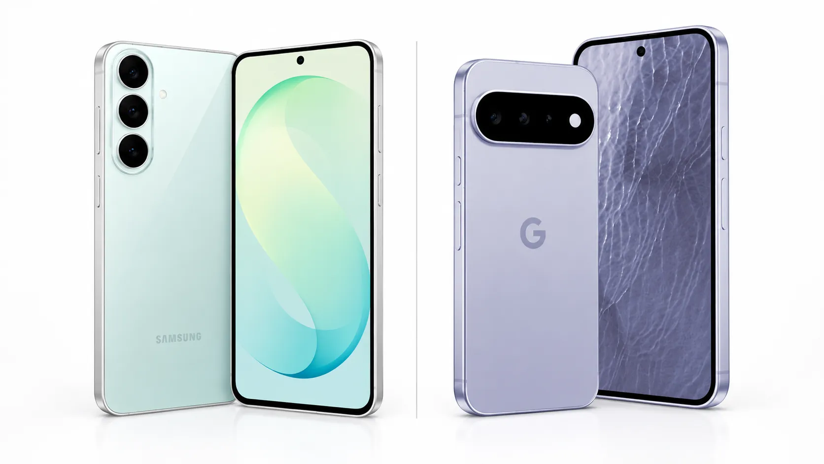 Samsung Galaxy S26 FE vs. Google Pixel 11 comparison showing both Android smartphones from the front and back against a white background
