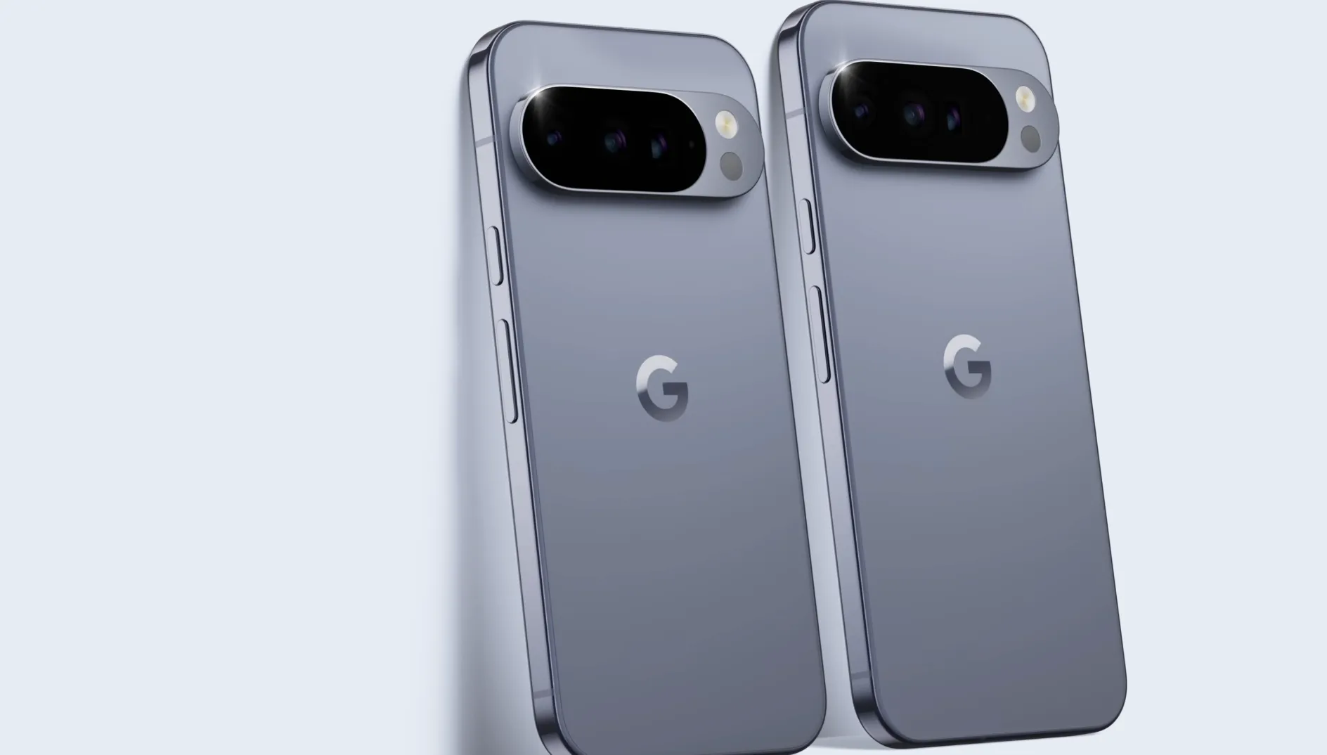 Two Google Pixel Pro phones shown from the back in a gray finish
