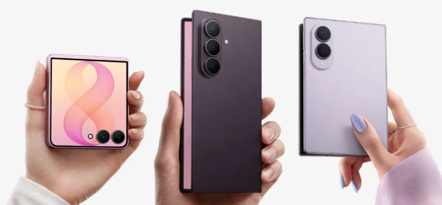 Samsung Galaxy Z Flip8, Galaxy Z Fold8 Ultra, and Galaxy Z Fold8 shown in pink, dark purple, and lavender