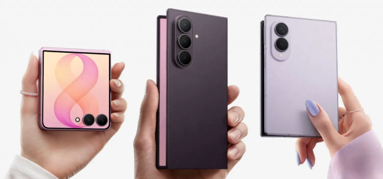 Samsung Galaxy Z Flip8, Galaxy Z Fold8, and Galaxy Z Fold8 Ultra shown in pink, dark gray, and lavender finishes