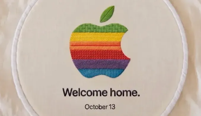 Apple's Welcome home event artwork for October 13, 2026, featuring an embroidered rainbow Apple logo ahead of the rumored Apple HomeView announcement