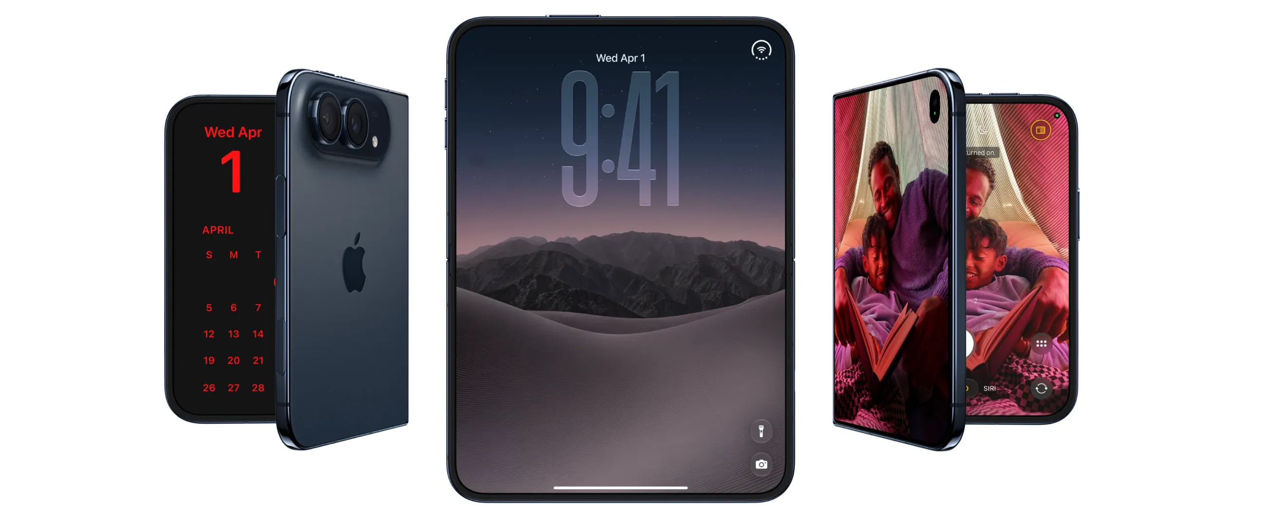 iPhone Duo foldable smartphone shown from multiple angles, highlighting its inner and outer displays and dark blue design, with Apple Pencil (USB-C) support available through iOS 27.2