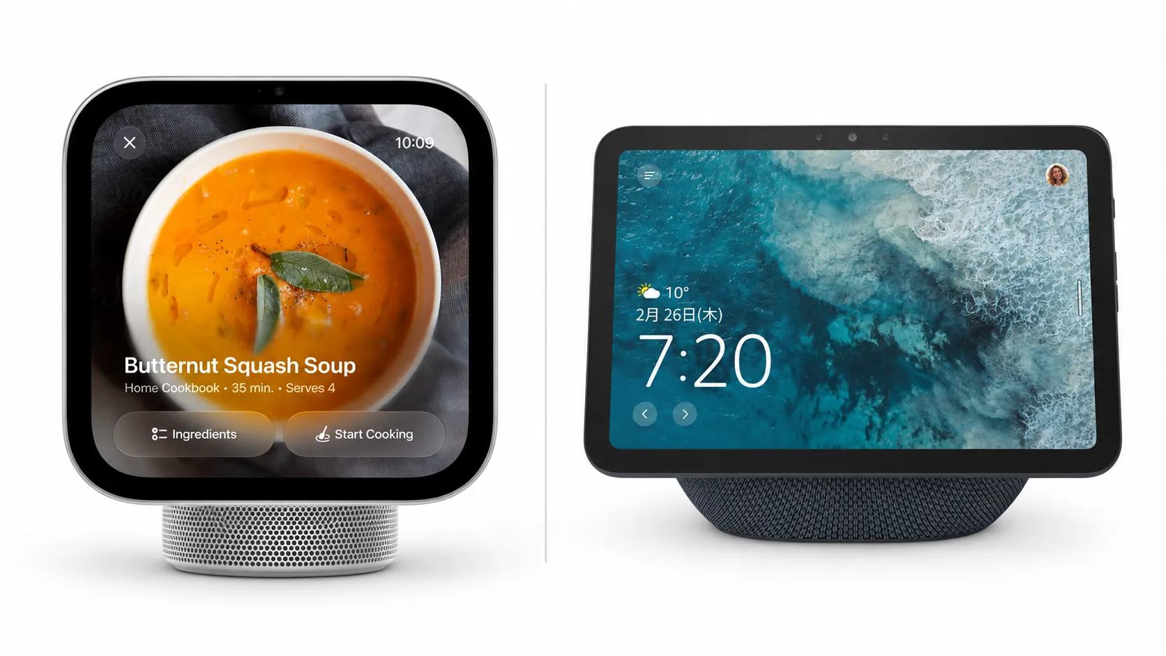 Apple HomeView vs. Amazon Echo Show 8 comparison showing Apple's smart display with a recipe interface beside Amazon's Alexa-powered display