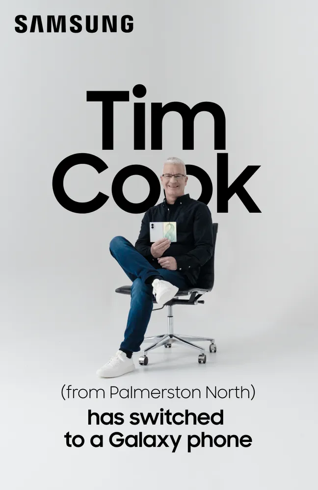 Samsung Tim Cook Galaxy Z Fold 8 ad featuring Tim Cook of Palmerston North holding a Galaxy foldable phone