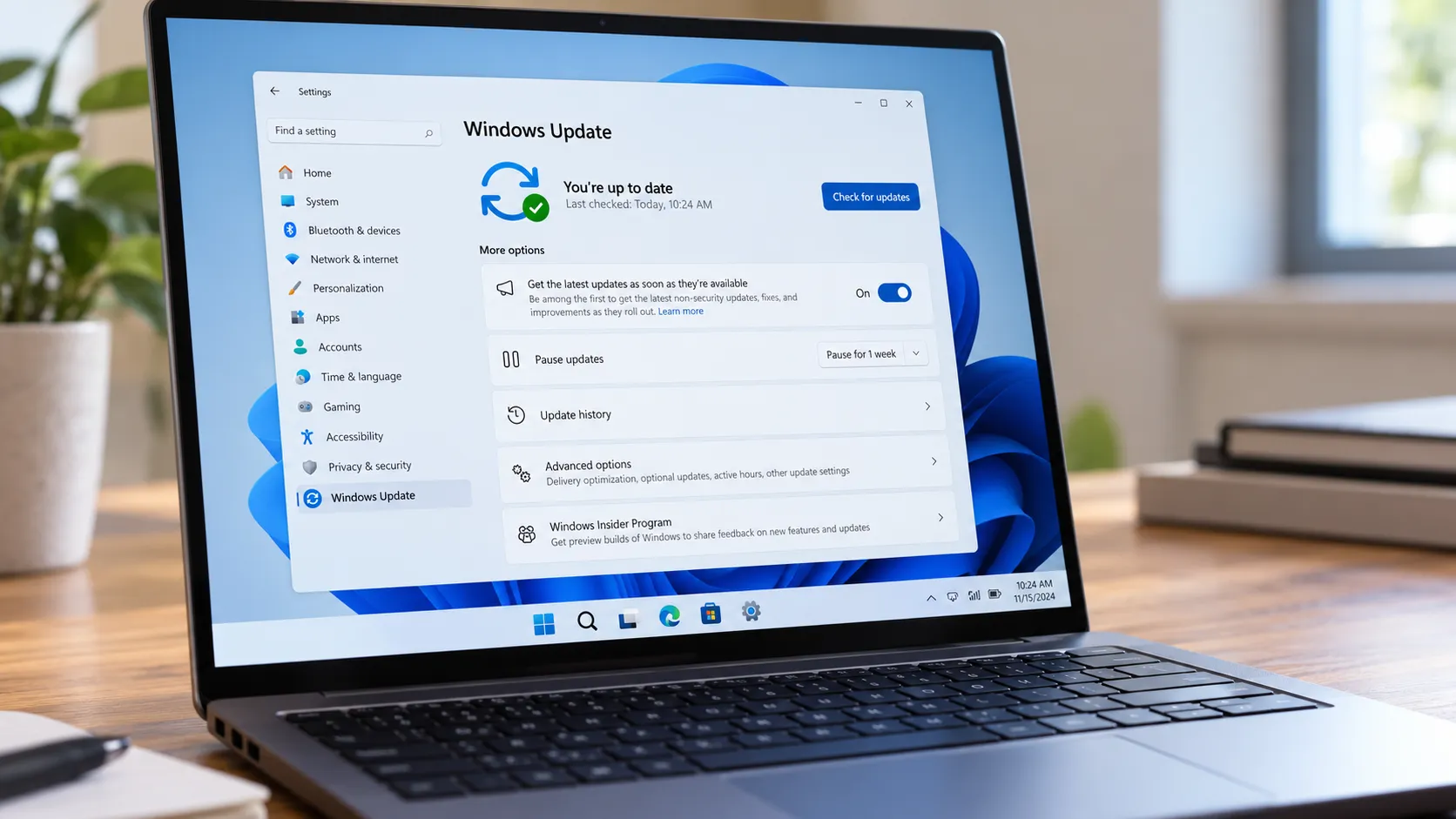 Laptop displaying the Windows 11 Windows Update settings page on a wooden desk in a home office.