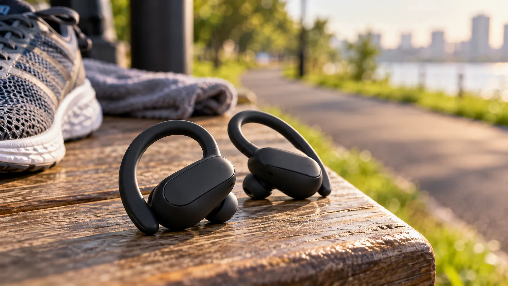 Wireless Earbuds on a Riverside Running Bench.png