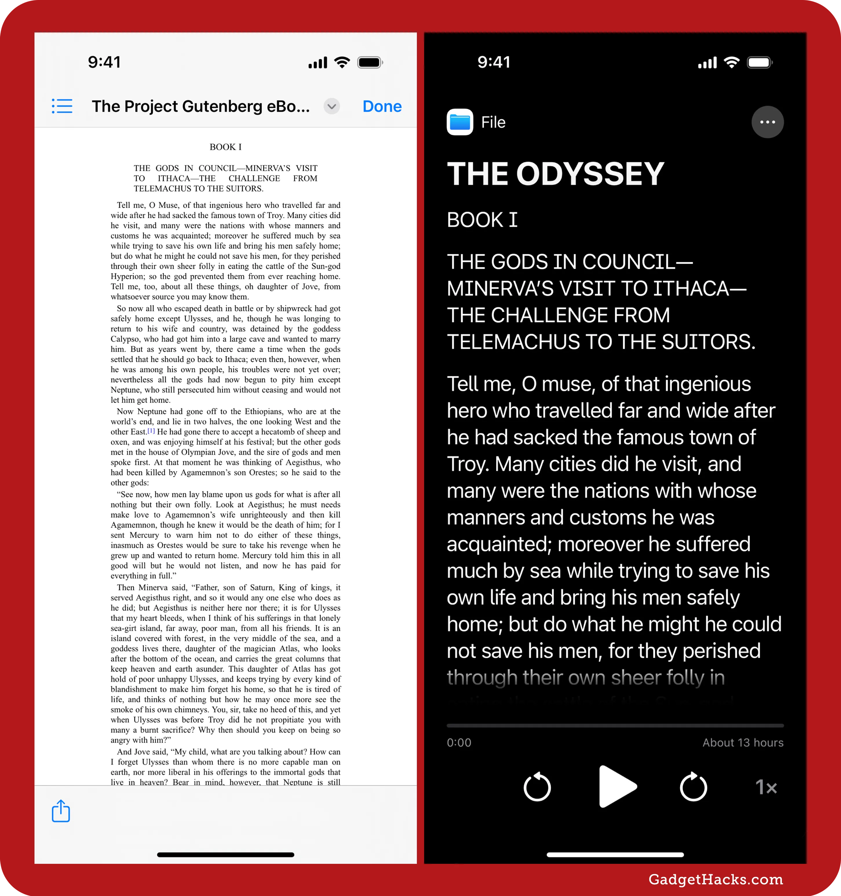 null Two iPhone screenshots, the first one showing "The Odyssey" book's text in the Files app with small, black text and white background, and the second an Accessibility Reader view with large, white text, black background, and play controls.