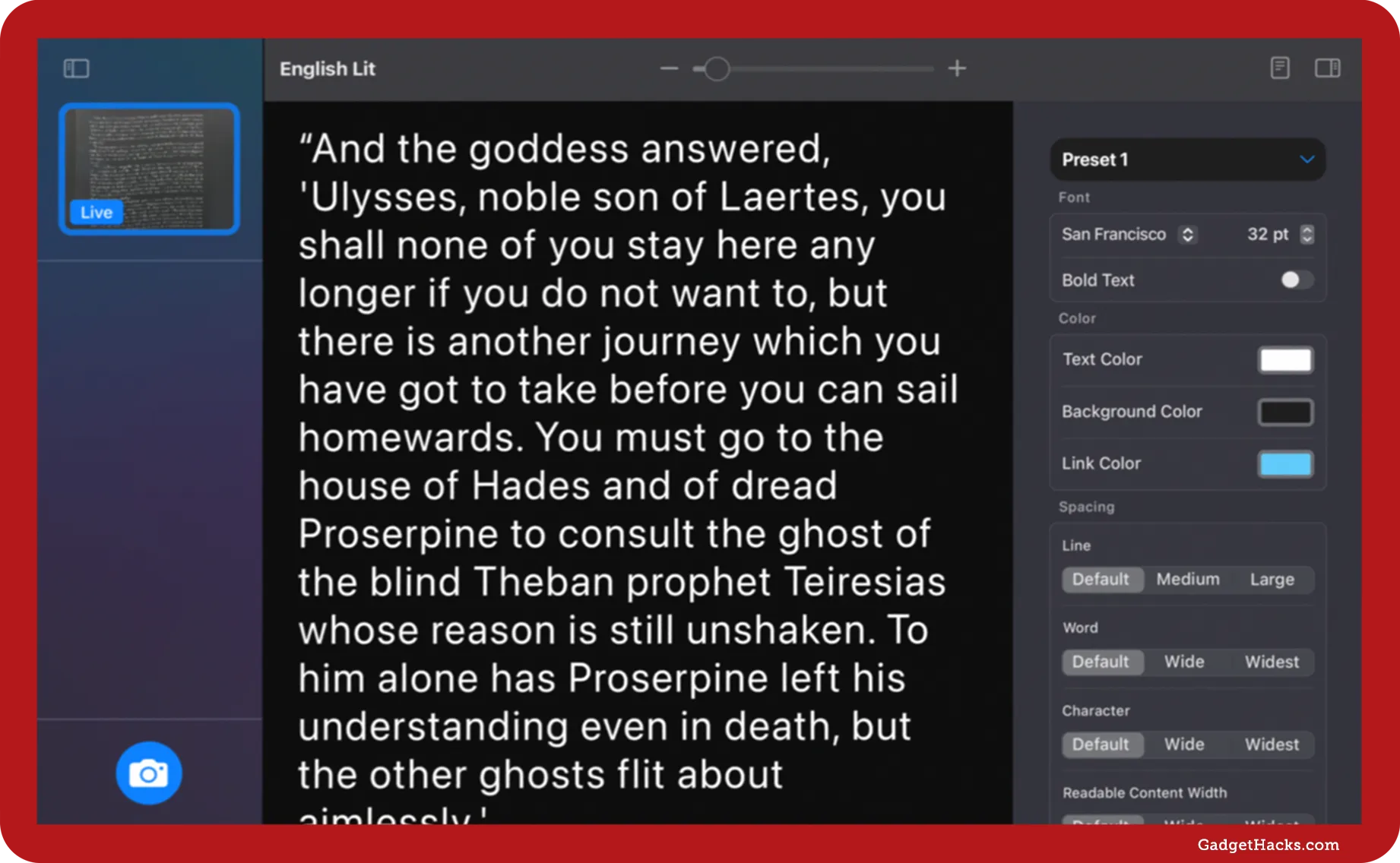 null MacOS Accessibility Reader displaying enlarged white text excerpt on black background, with sidebar and customization panel for font, colors, and spacing visible.