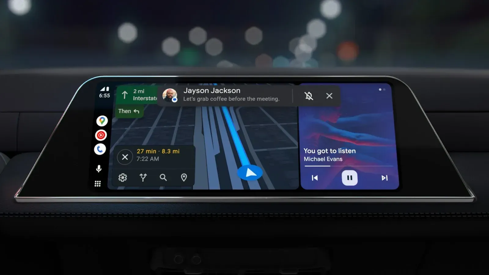 Google Android Auto dashboard showing cellular signal bars, Google Maps navigation, and music controls before the missing signal icon fix