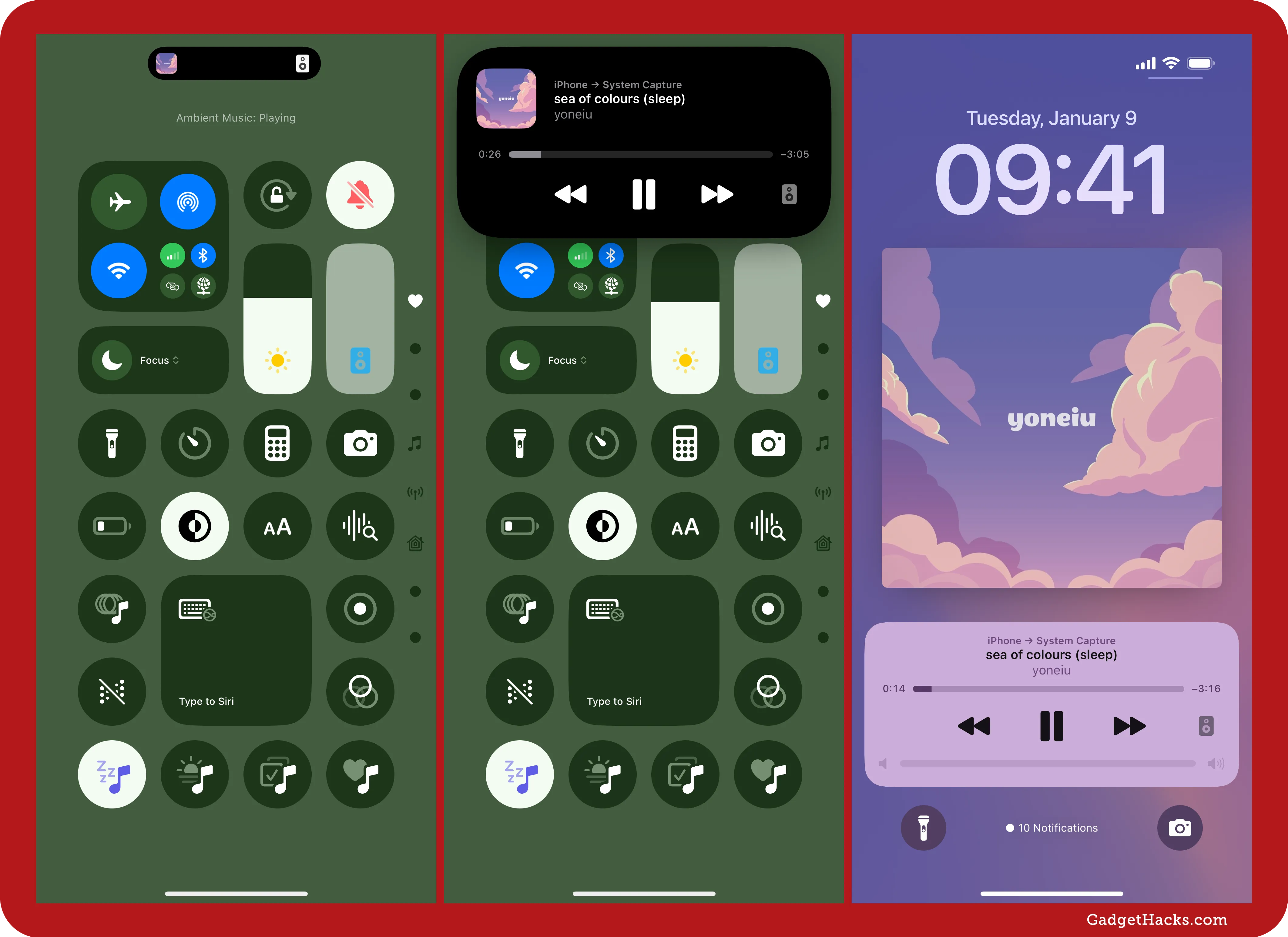 Three iPhone screens showing Control Center and Lock Screen with “Ambient Music” and “sea of colours (sleep)” by yoneiu playing, demonstrating music playback and UI elements.