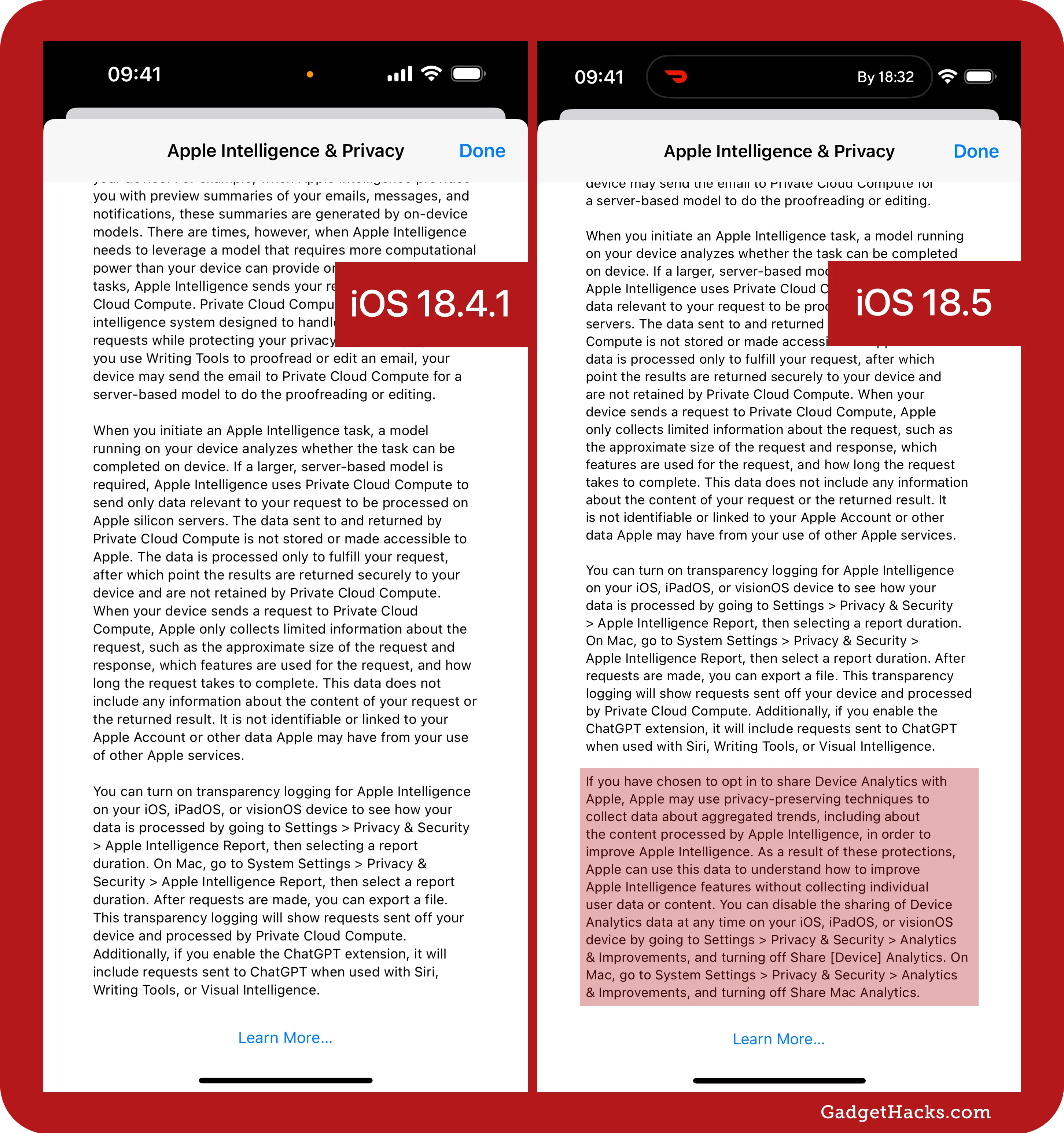 Comparison screenshot displays Apple Intelligence & Privacy details on iOS 18.4.1 versus 18.5, emphasizing new share analytics opt‑out clause in 18.5.