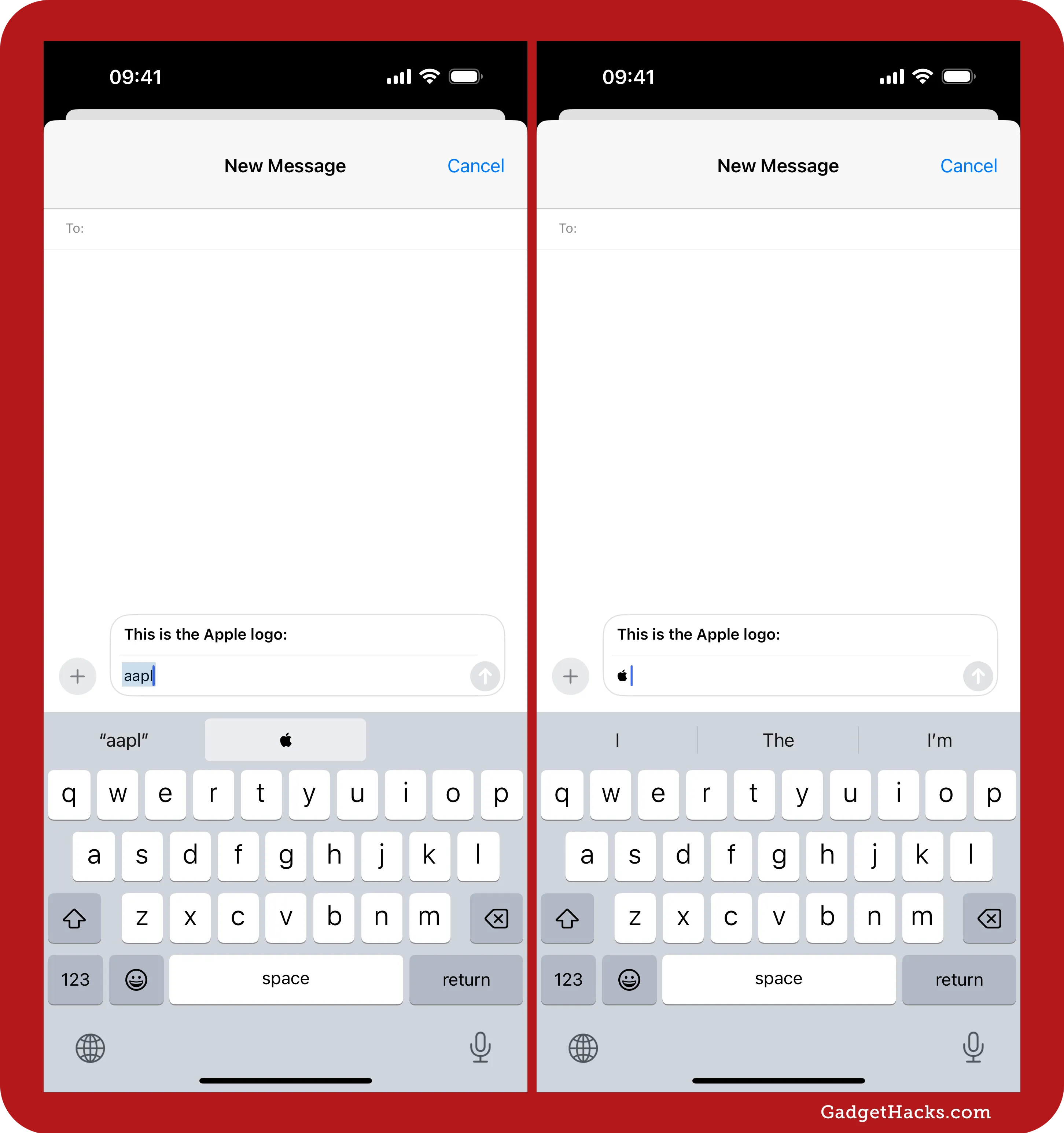 Side-by-side iPhone screenshots showing a custom text shortcut converting “aapl” into the Apple logo in the Messages app.