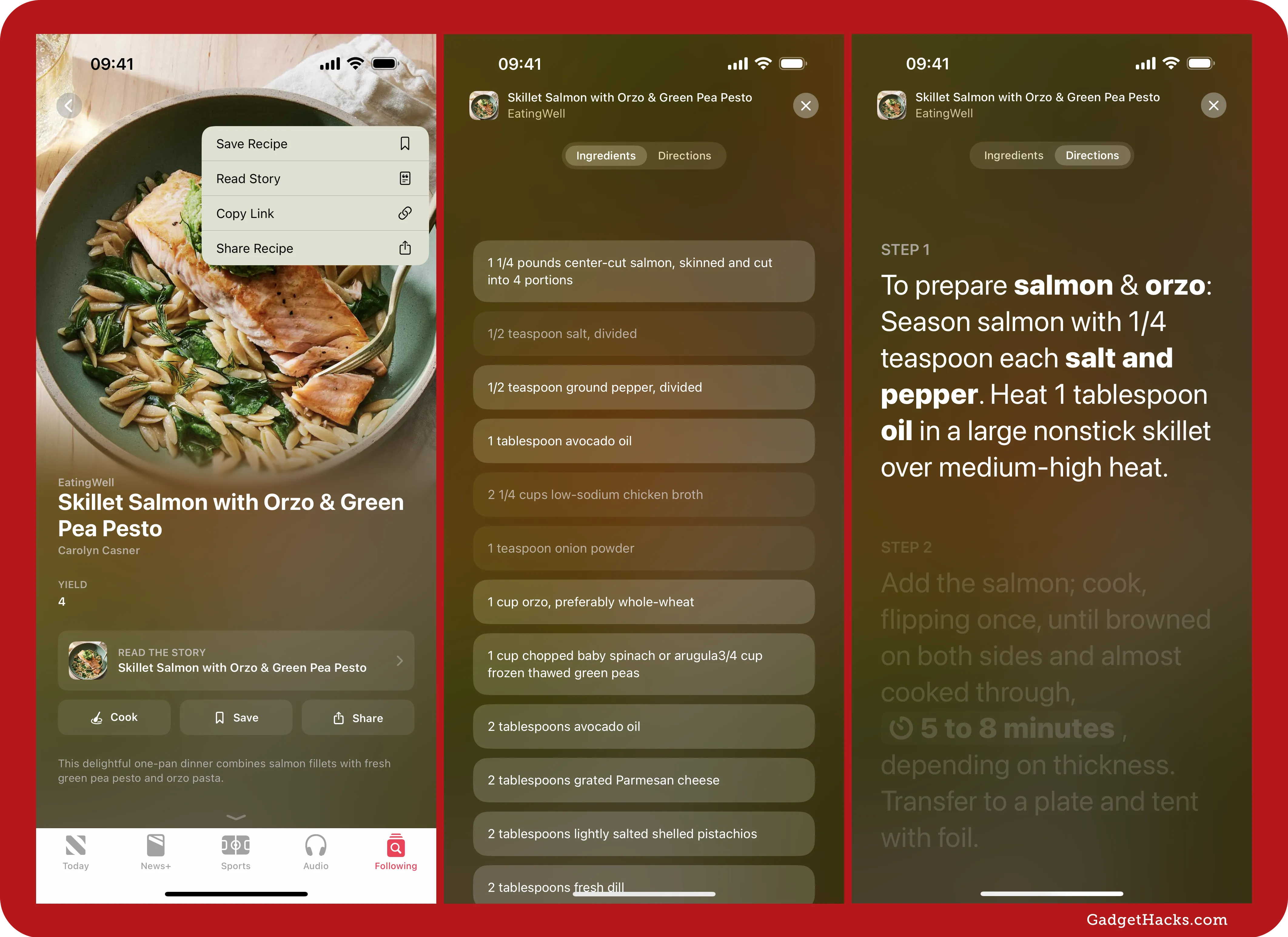 Left screenshot shows a skillet salmon recipe in Apple News+ Food; middle shows the full-screen ingredients list; the right shows the full-screen directions.