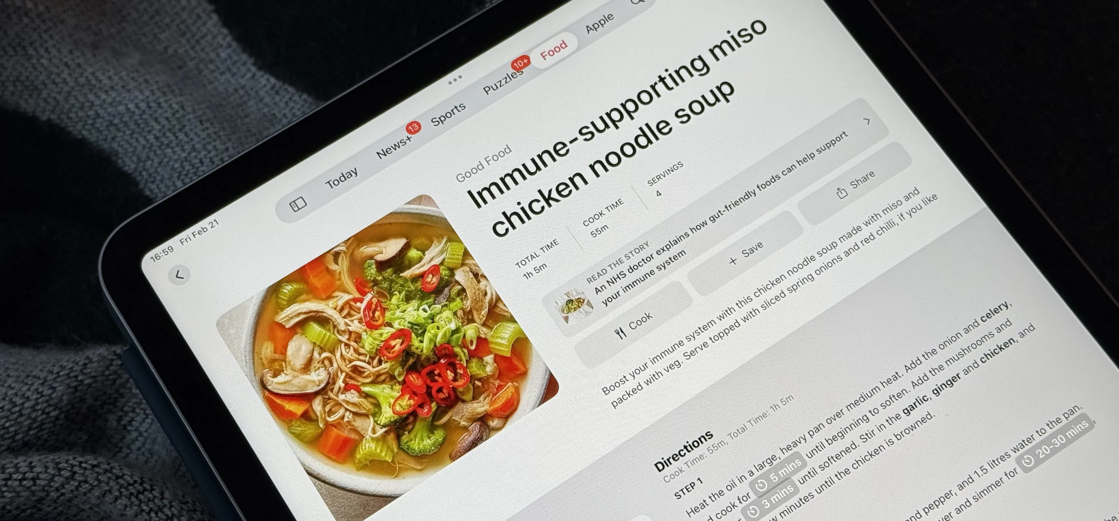 A recipe from Good Food shown on an iPhone from Apple News+ Food.