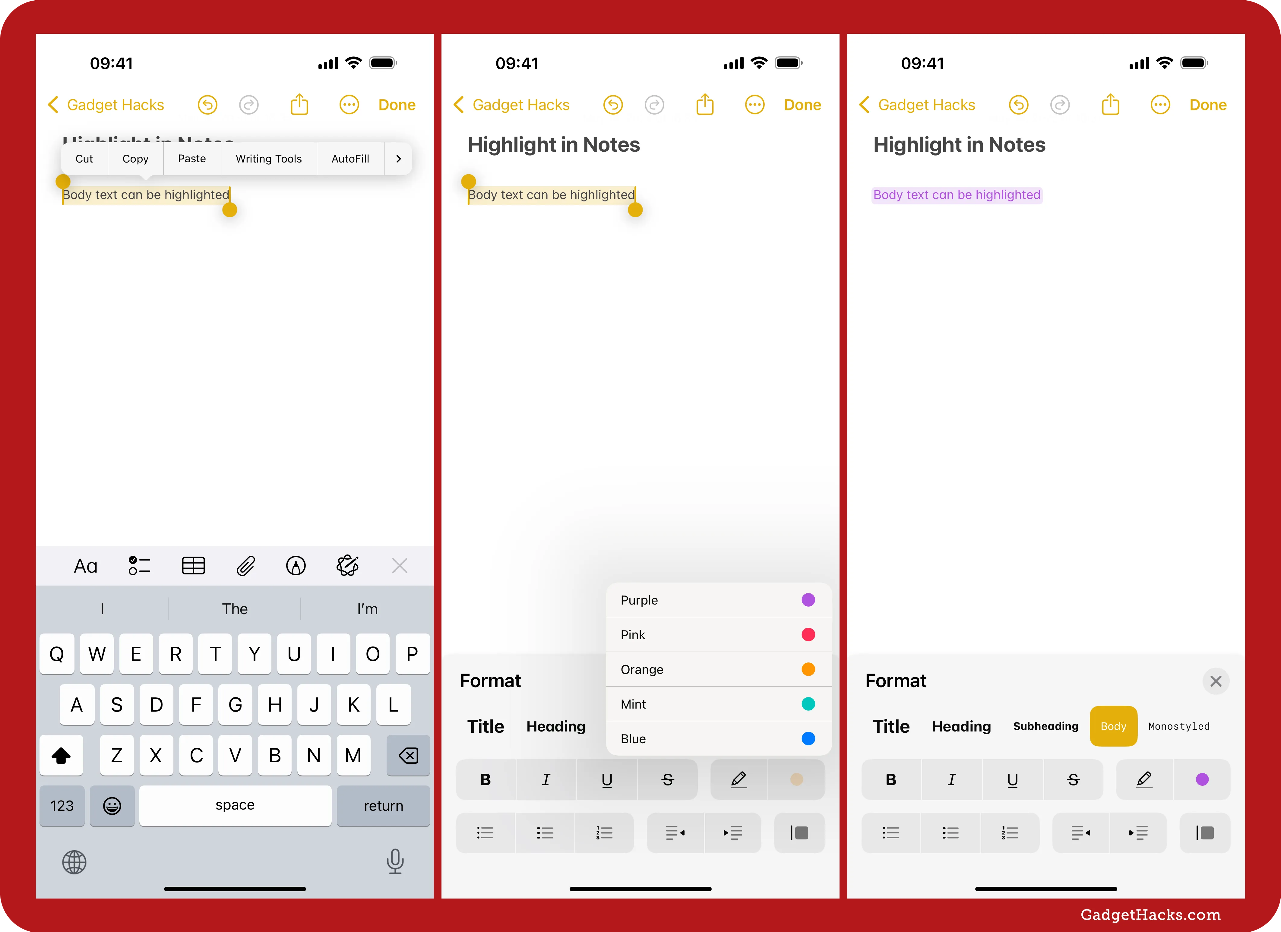 Three iPhone Notes screenshots on iOS showing text selection, highlight color picker, and finished purple highlight with formatting toolbar visible.