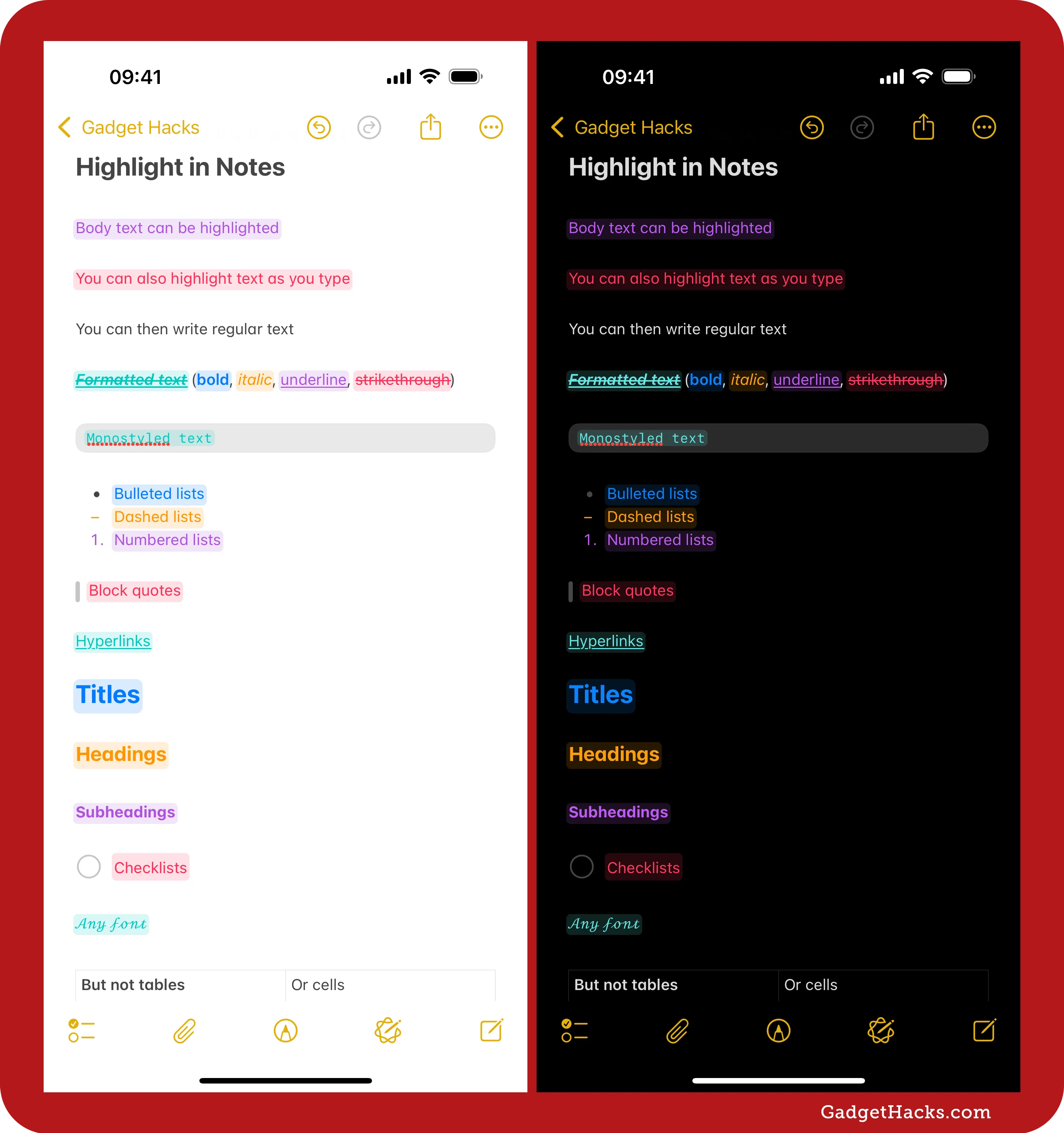 Side-by-side light and dark mode iPhone Notes pages showcasing colorful highlighted body text, formatting styles, lists, links, and tables.