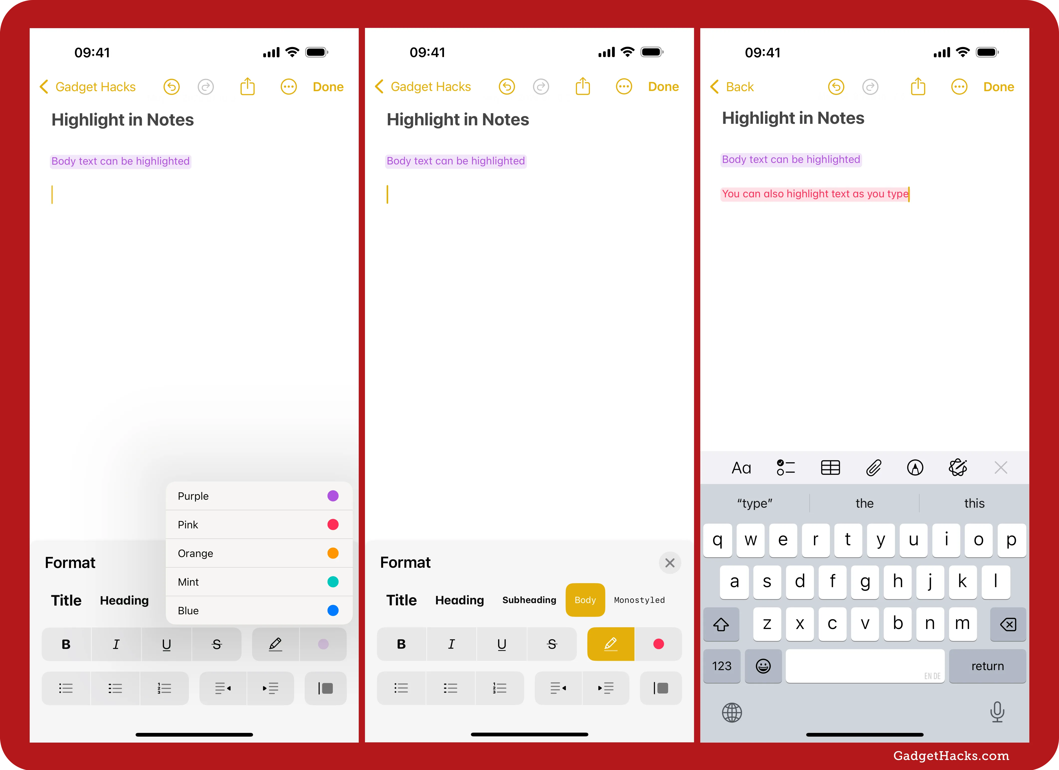 Three iPhone Notes screenshots showing highlight color picker, active highlight mode, and live pink-and-yellow text highlighting while typing using the formatting toolbar.
