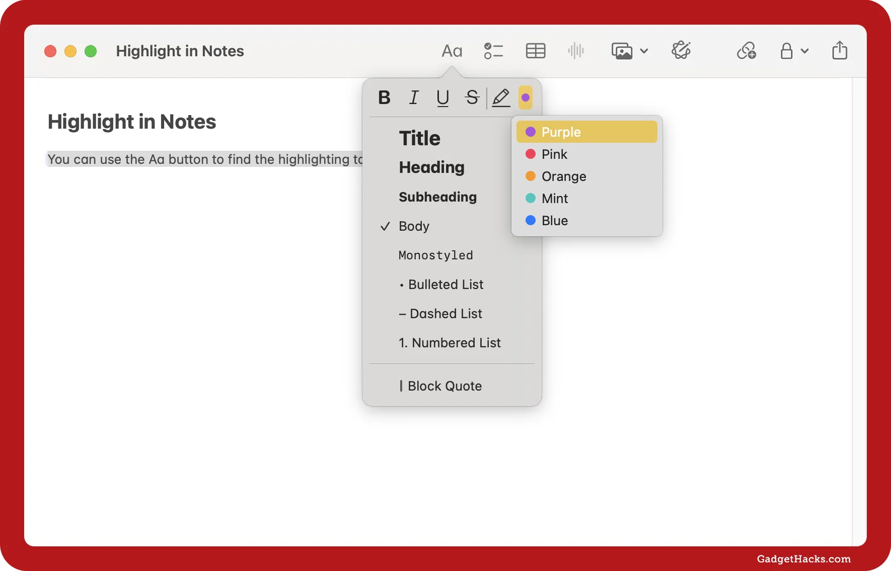 Text highlighting options in Apple Notes on macOS, showing purple, pink, orange, mint, and blue highlights from the Aa formatting menu.
