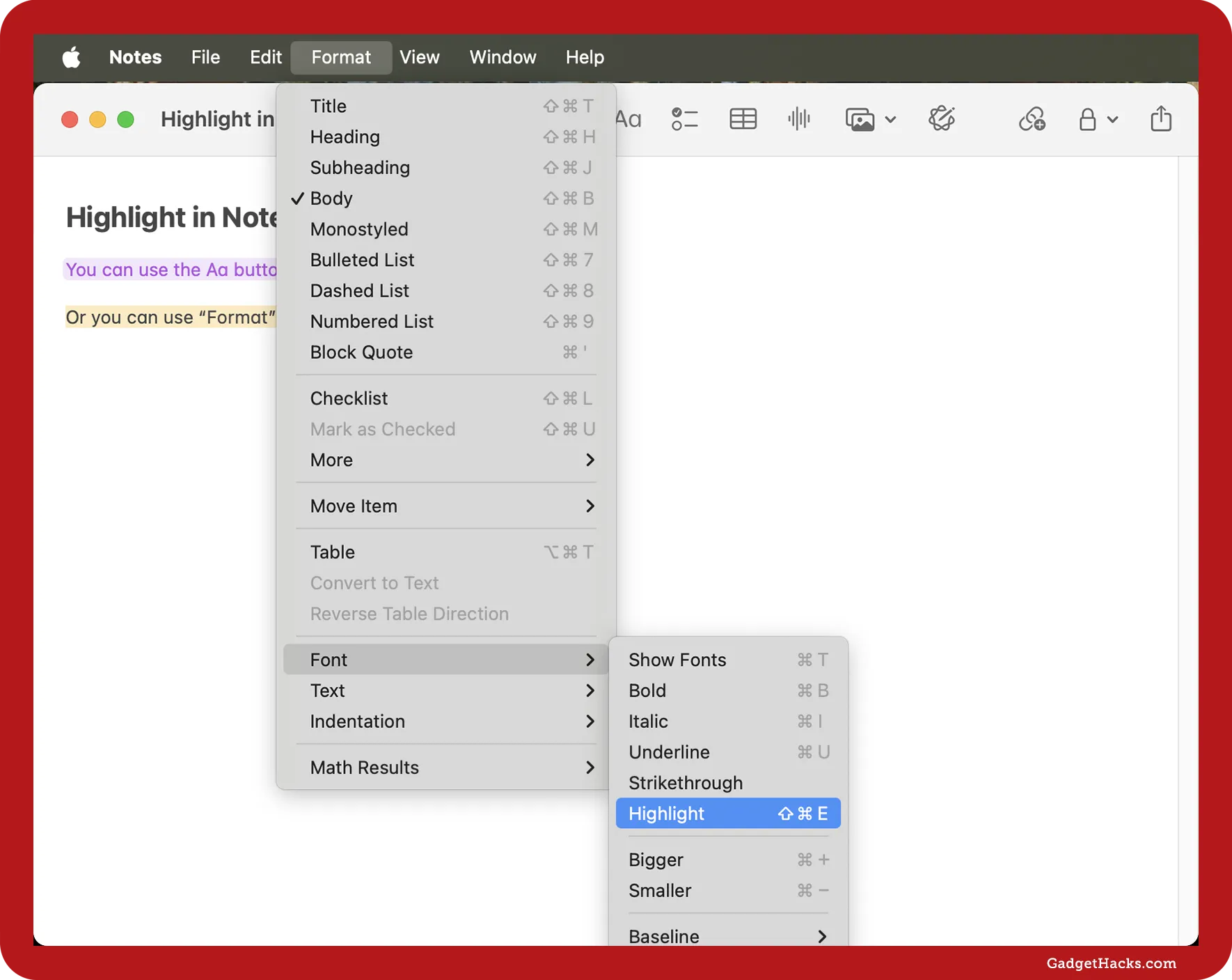 Apple Notes on macOS with the Format » Font » Highlight menu open, showing how to highlight selected text using the top menu bar.