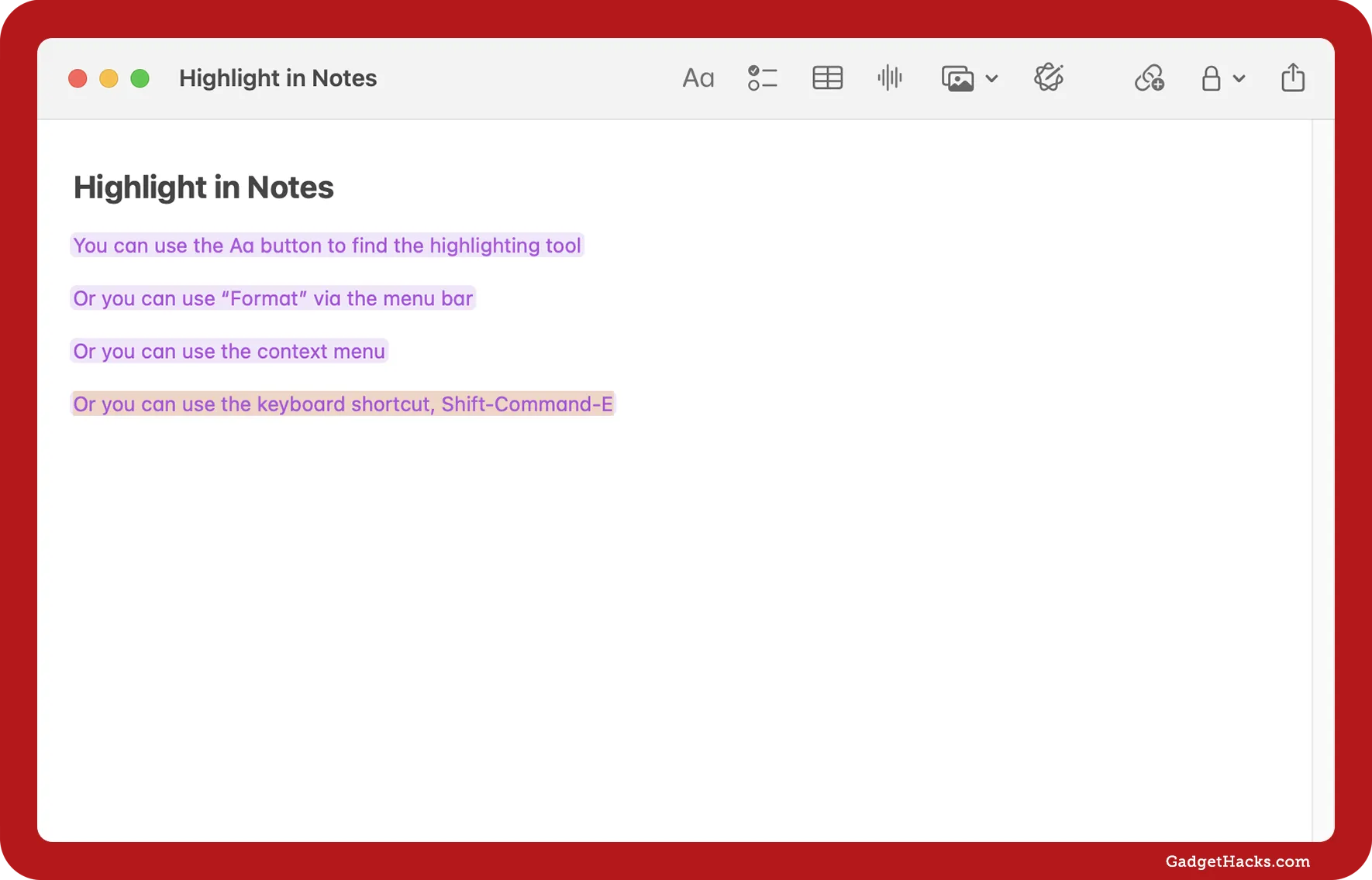 Apple Notes on macOS showing text with purple and yellow highlights, listing four ways to highlight: toolbar button, menu bar, context menu, and keyboard shortcut.