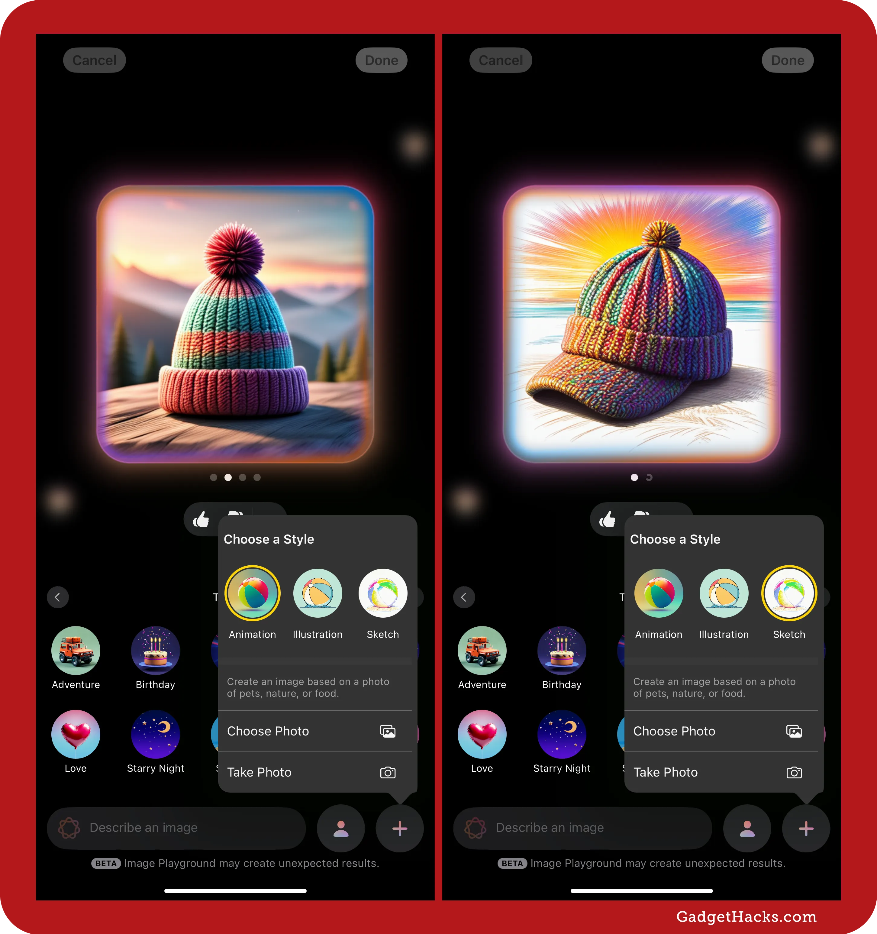 Side-by-side screenshots of Image Playground running on an iPhone, with "sunset" and "beanie" chosen, comparing Animation and Sketch.