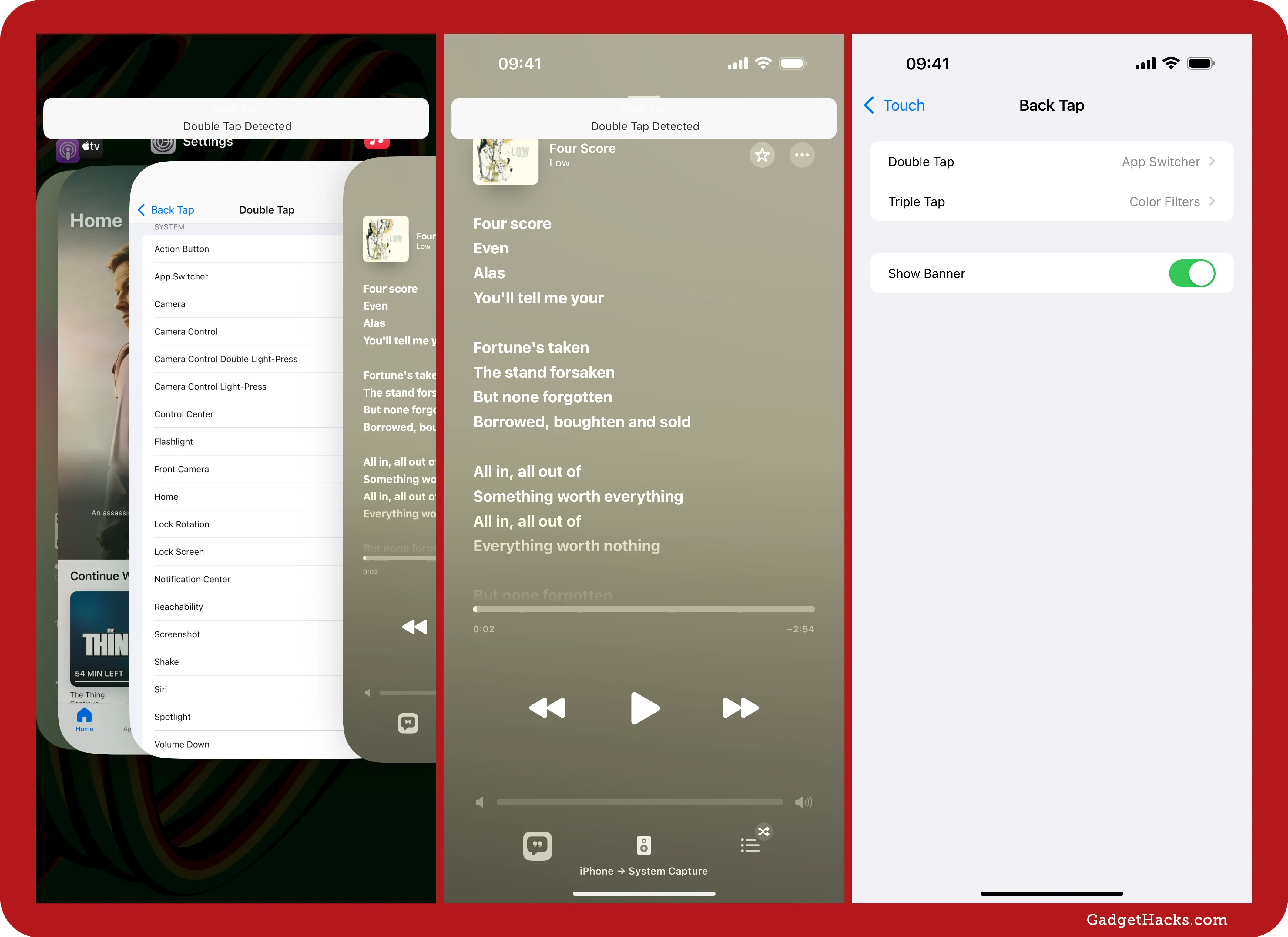 Back Tap settings on an iPhone showing options for Double Tap, Triple Tap, and Show Banner actions, along with a detected Double Tap notification example.