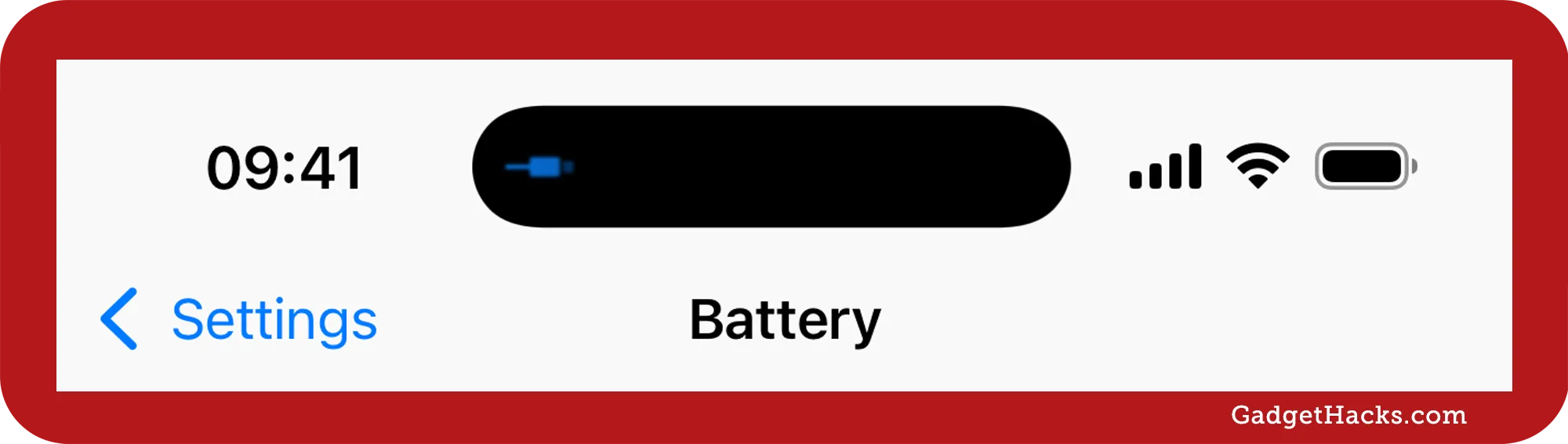 iPhone status bar showing Settings » Battery title with dynamic island displaying a blue cable connector icon and standard signal, Wi-Fi, and battery indicators in the status bar.