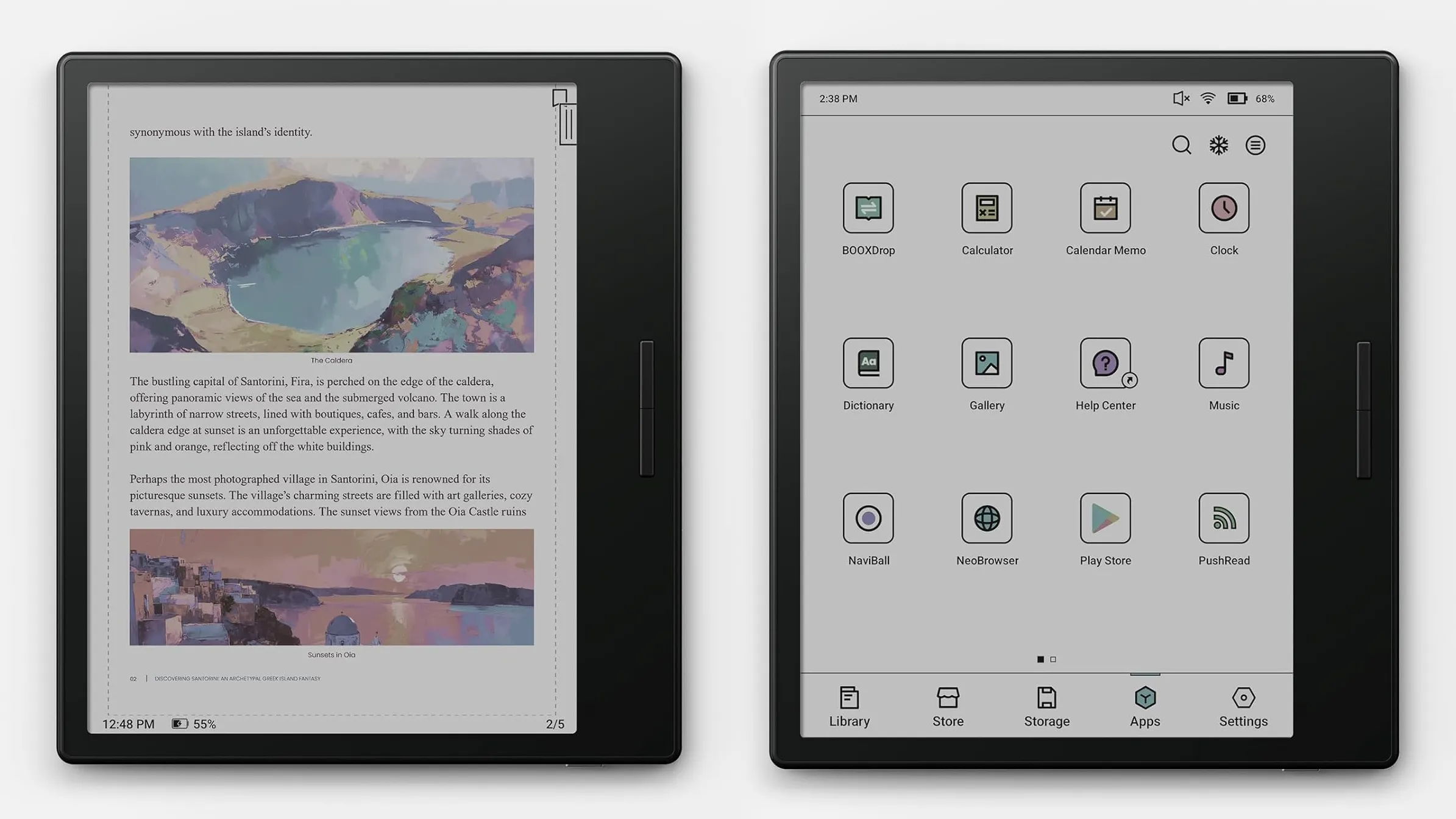 null Two BOOX Go Color 7 e-readers side by side, one showing a colorful travel guide page, the other displaying a grayscale app launcher with icons and status indicators.