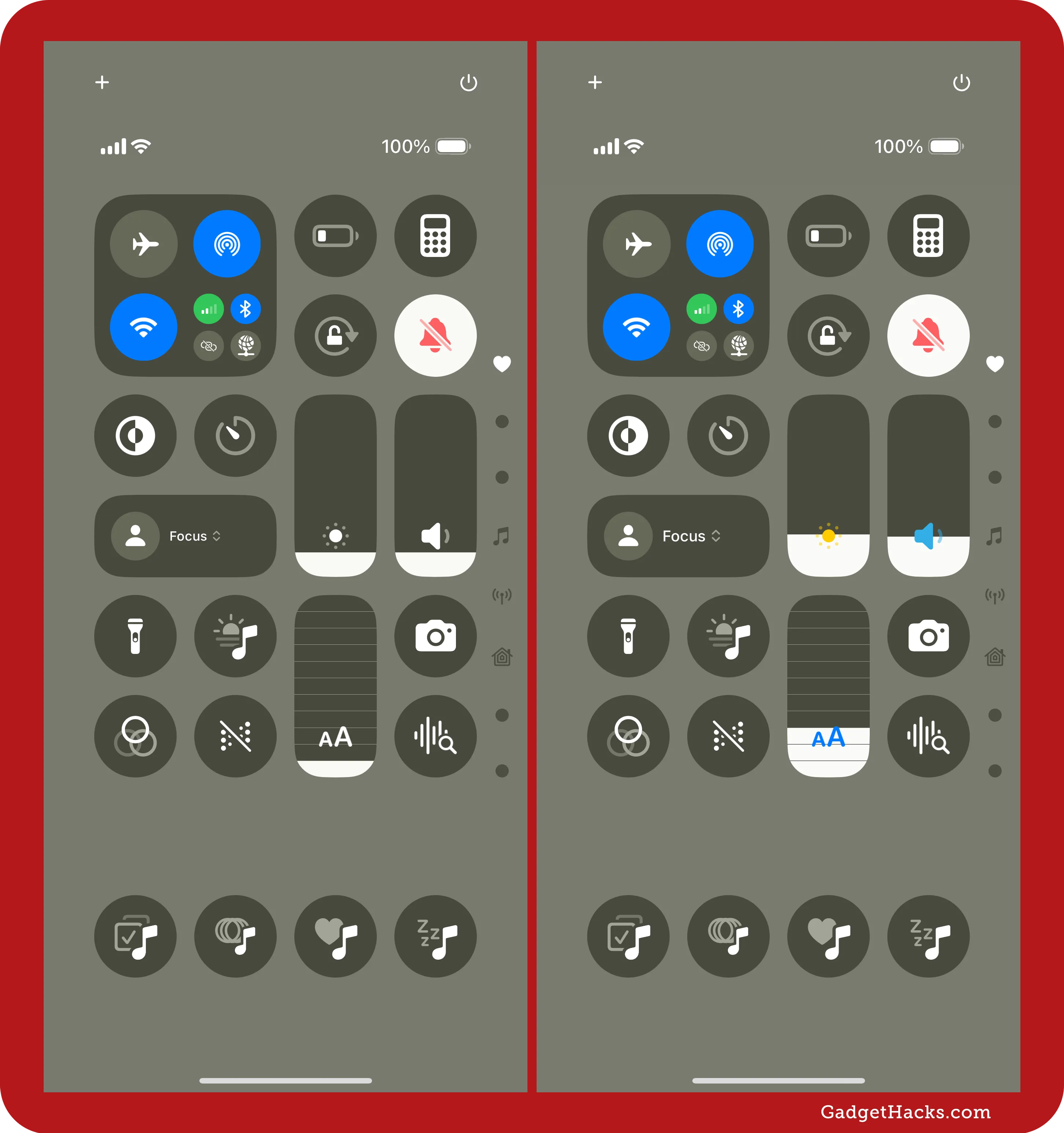 In Control Center on iOS 18.4, the Brightness, Volume, and Text Size controls' icons will turn white when the levels are below the icons.