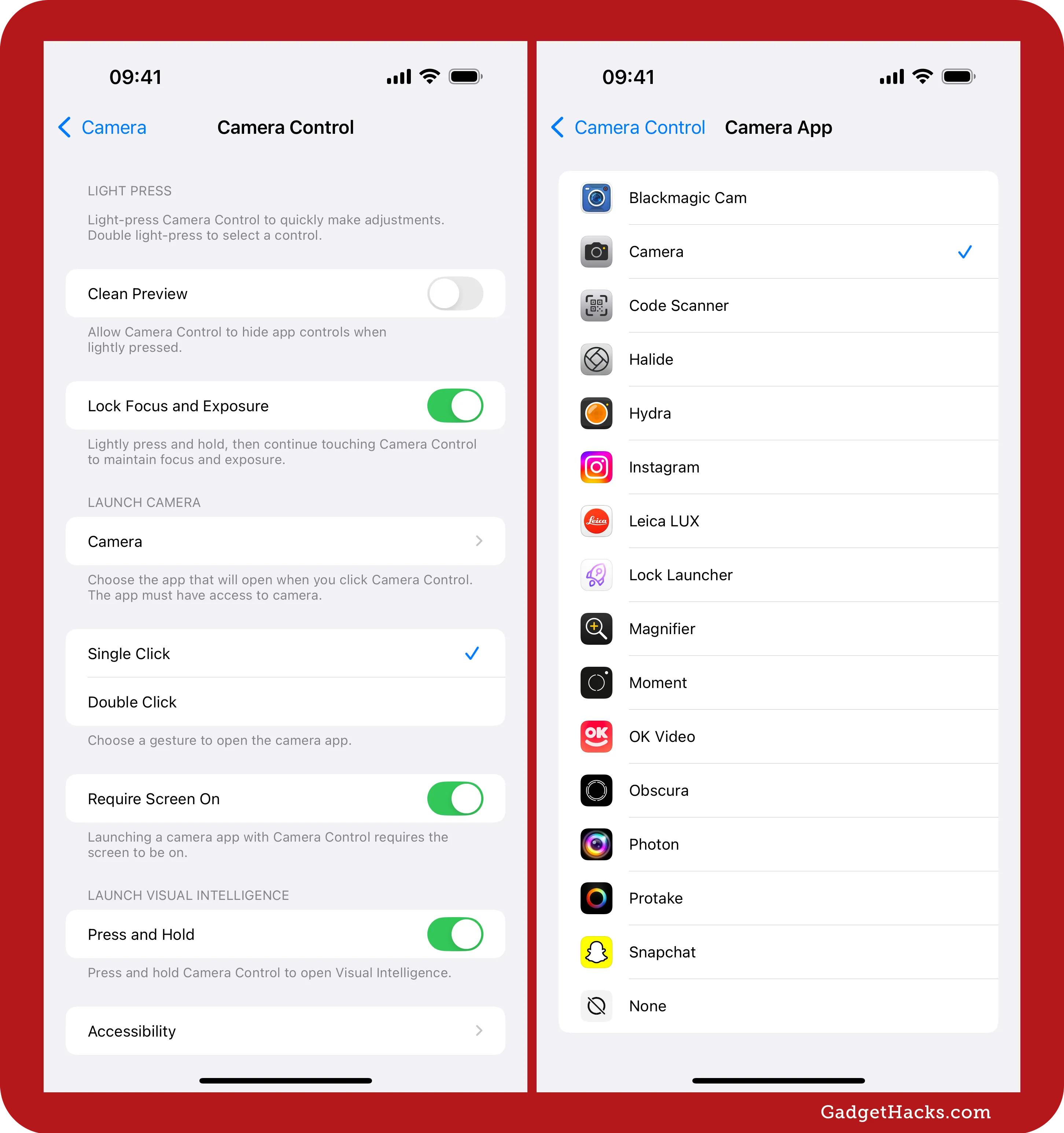 The Camera Control settings menu now includes a separate menu for the camera app that launchers when triggering Camera Control. There is also a new toggle for Press and Hold to launch Visual Intelligence.