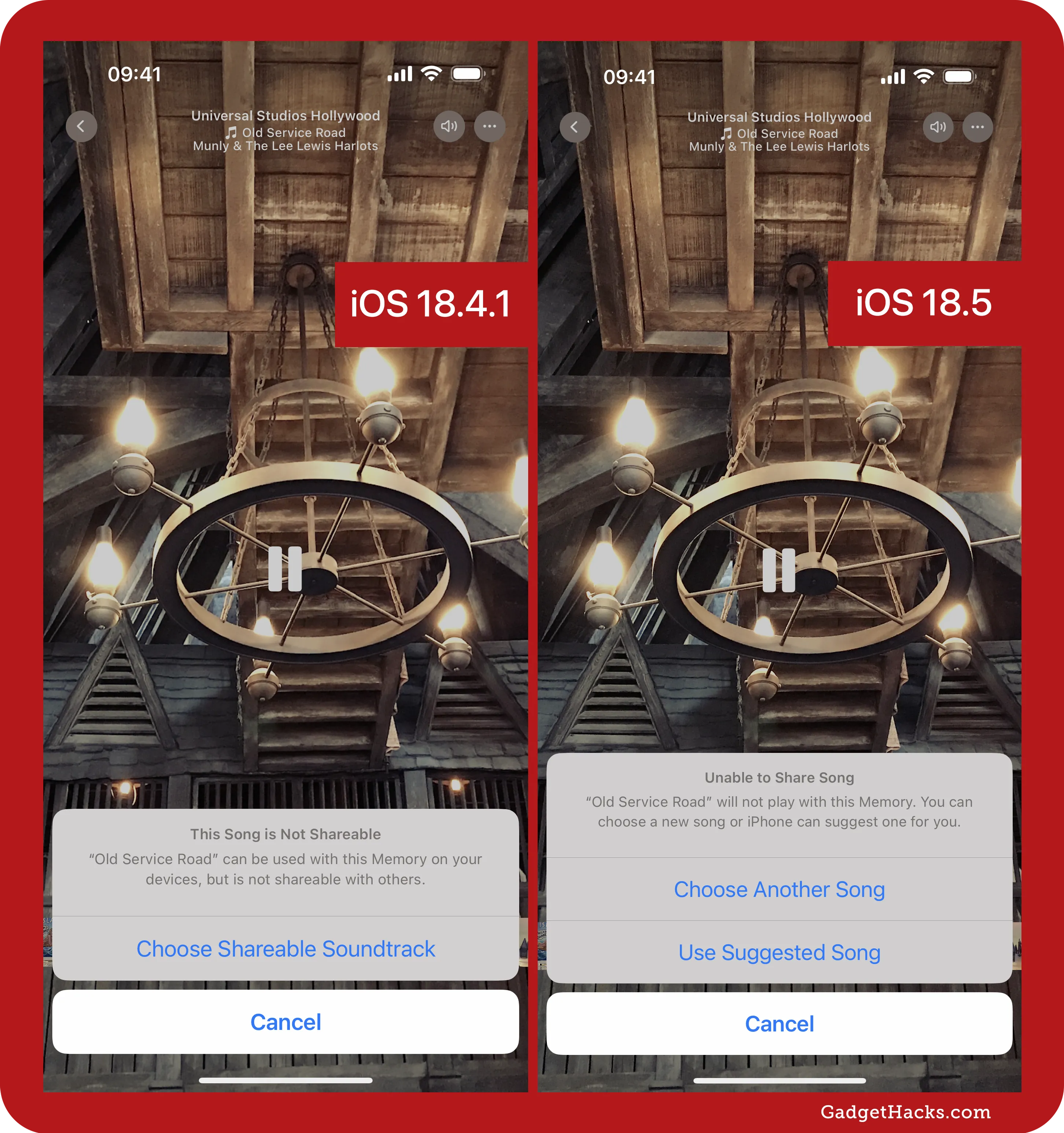Side-by-side comparison of iOS 18.4.1 and 18.5 showing different error messages and button options when a Memory’s soundtrack isn’t shareable.