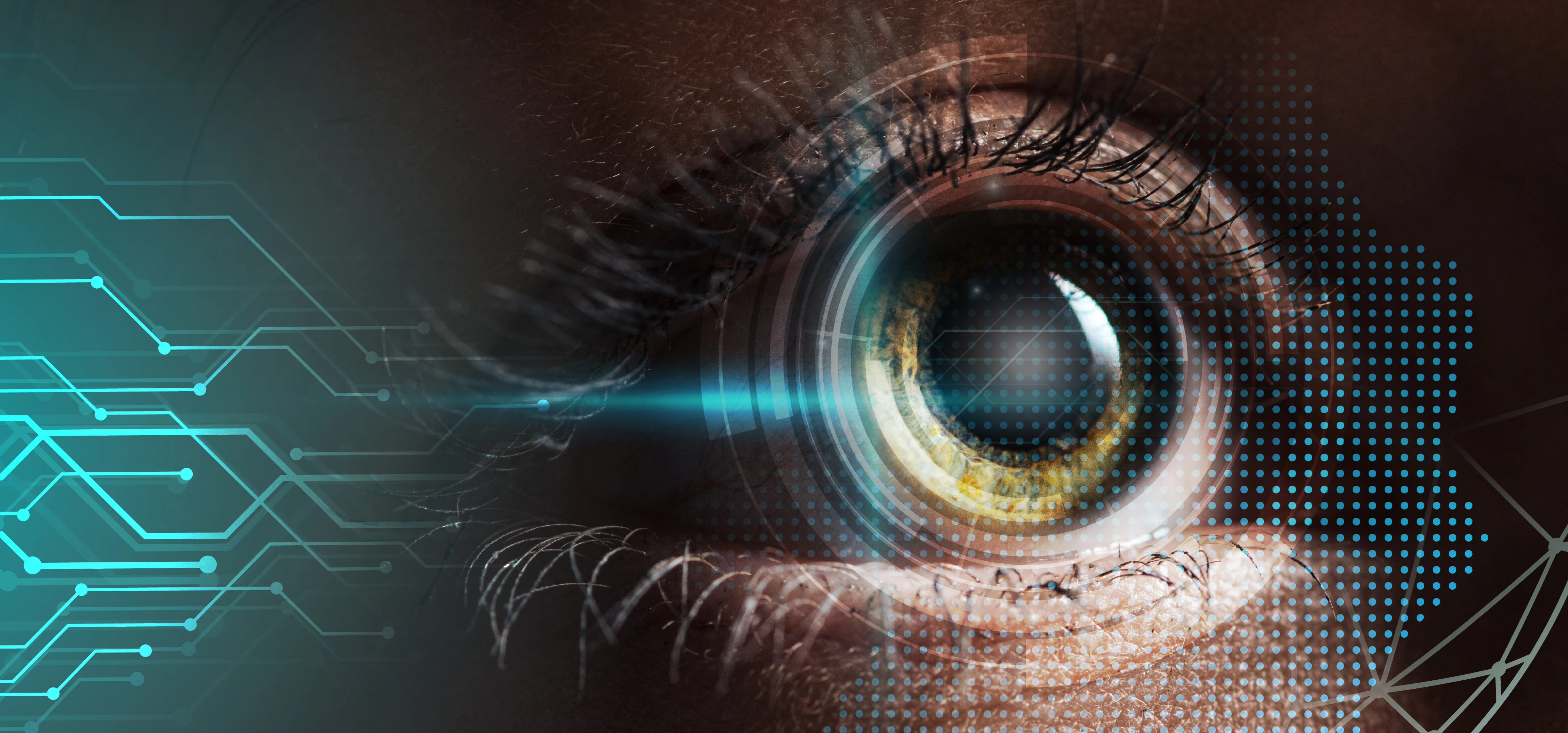 Close-up of a human eye with digital overlays and circuit patterns, representing advanced eye tracking technology and data visualization.