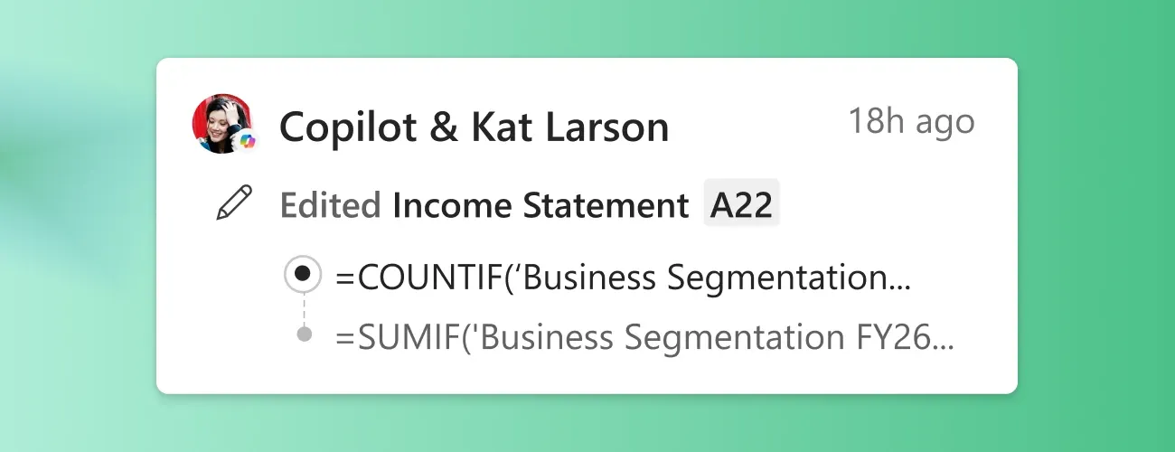 Copilot in Excel showing attributed changes to an income statement formula