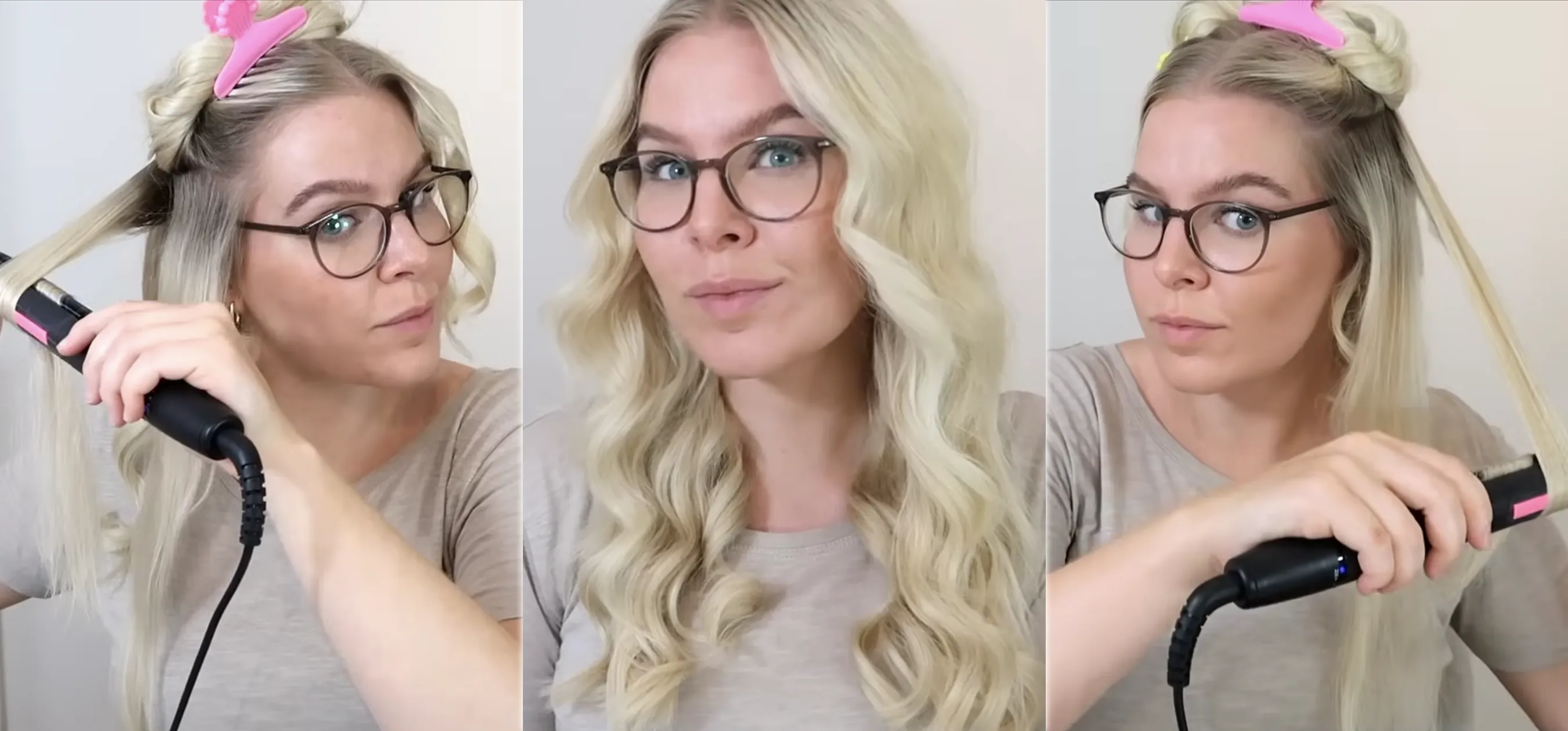 Woman with long blonde hair using a flat iron to create curls — shown mid-process on both sides, with finished voluminous waves in the center.