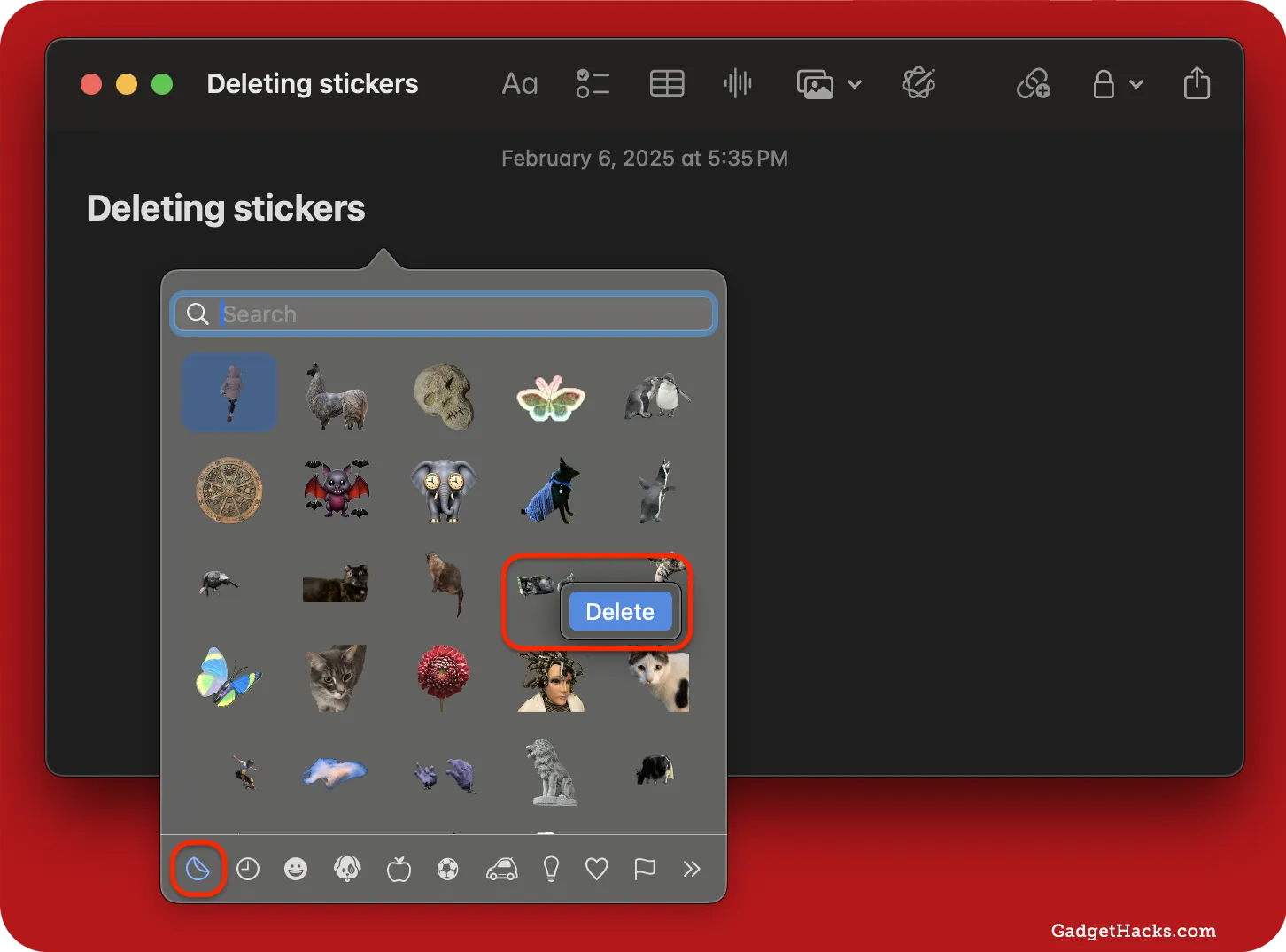 Open the Emoji keyboard, select the Stickers tab, then right-click or two-finger click the sticker and hit Delete in the menu.