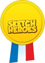 Sketch Heroes logo with yellow medal design and French colors.