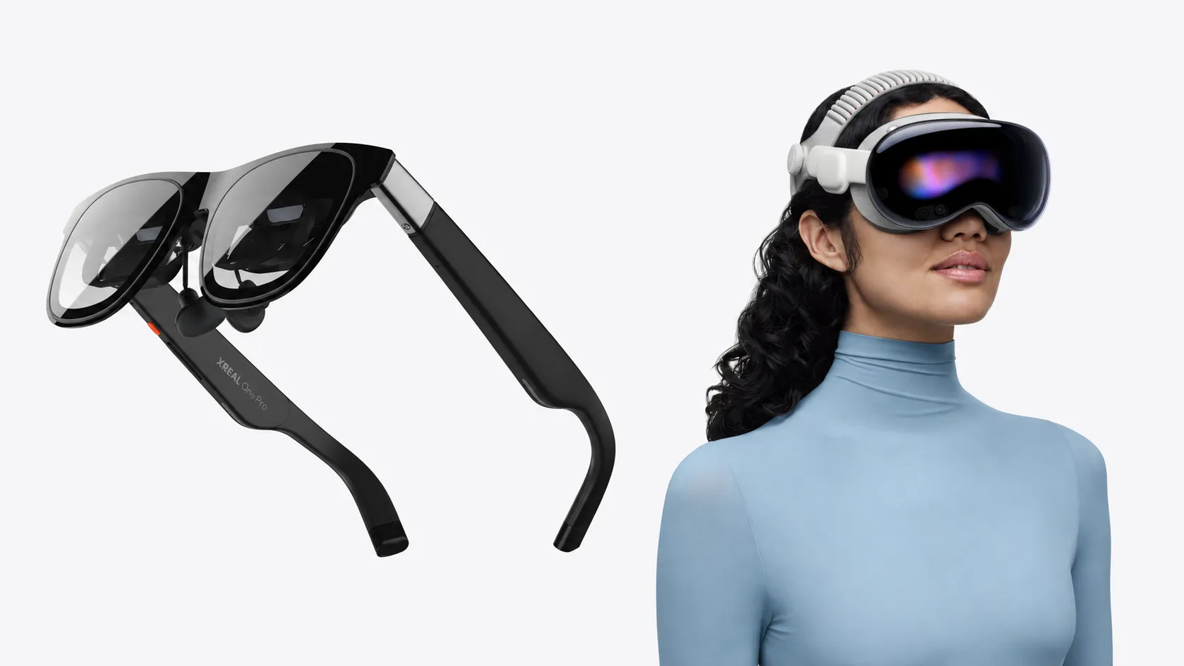 XREAL vs Apple Vision Pro for 3D movies, featuring XREAL One Pro smart glasses beside a person wearing the Apple Vision Pro headset