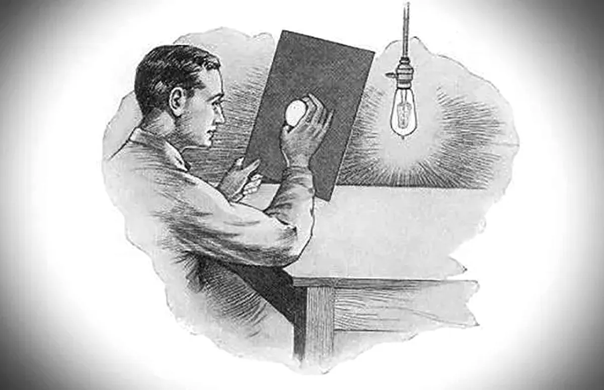 null A man examining an egg under a light source in a vintage illustration.