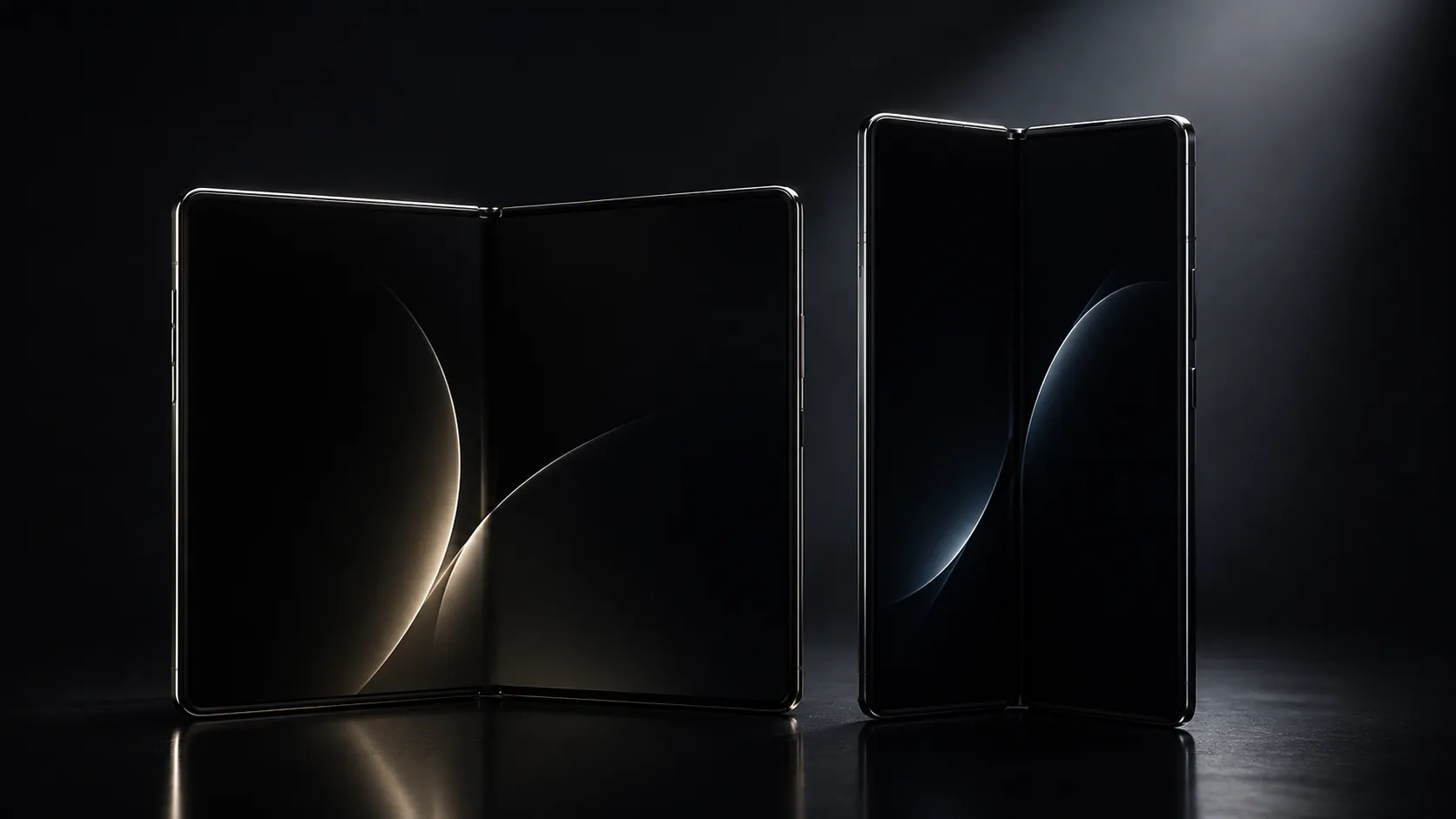 Two foldable smartphones stand side by side on a dark reflective surface, one wider and tablet-like, the other taller and narrower, both shown partially open
